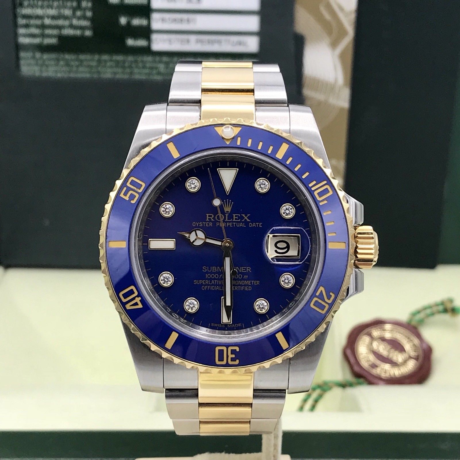 Rolex Submariner 116613 18k gold & Steel Blue Diamonds Dial Box and paper Full Set