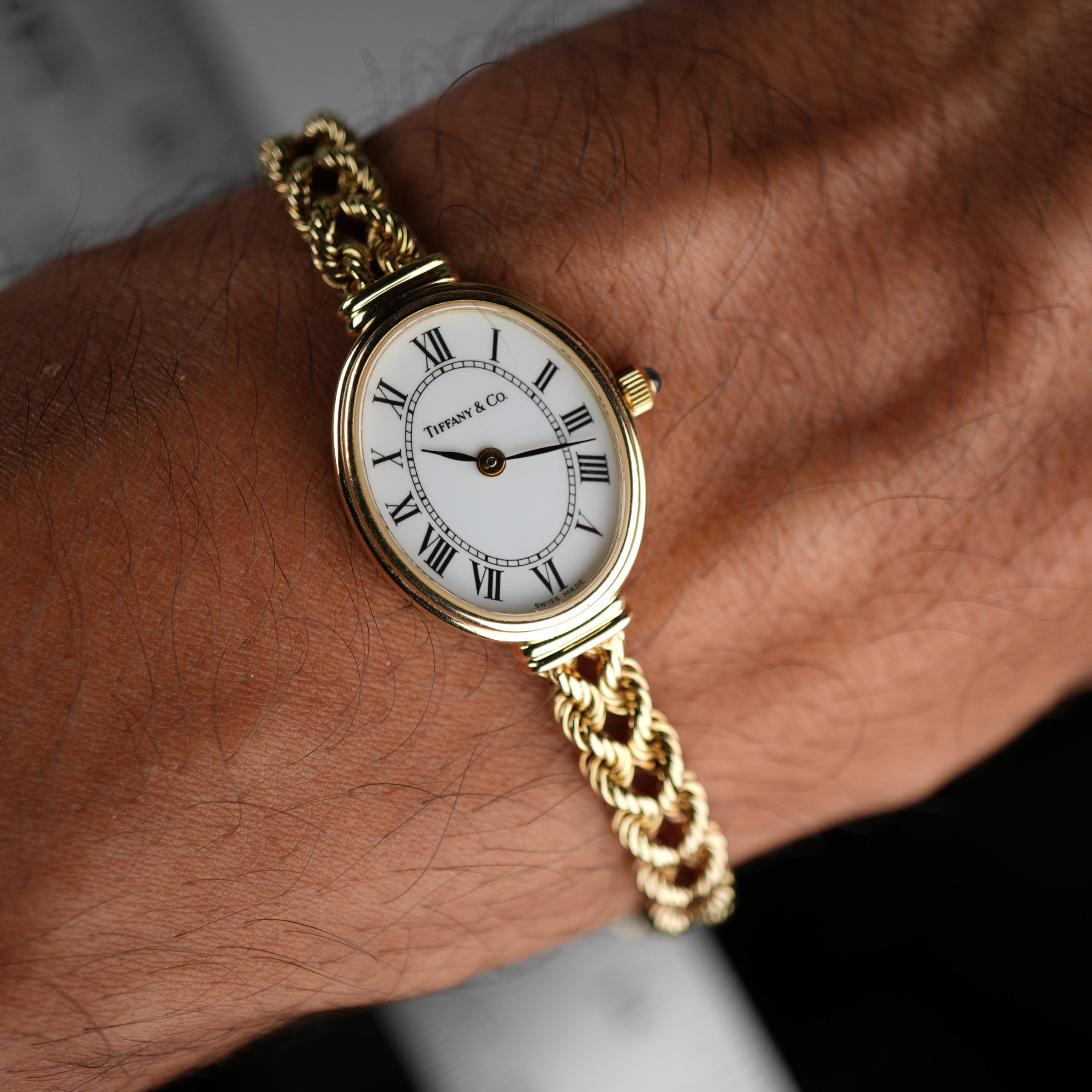 Tiffany & Co. 14k Solid Gold Ladies Watch Oval Roman Dial Mesh Bracelet