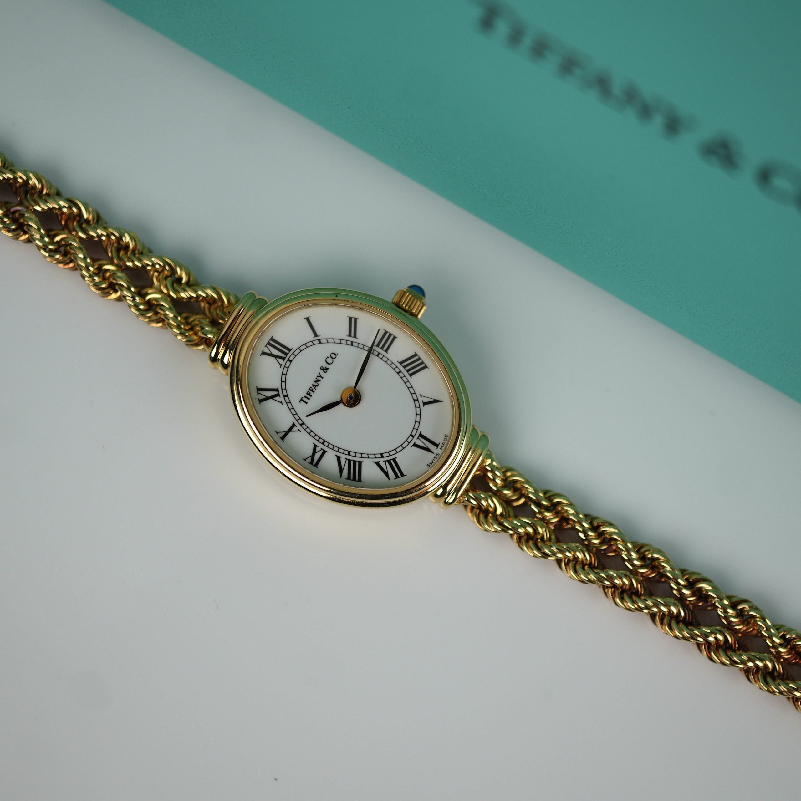Tiffany & Co. 14k Solid Gold Ladies Watch Oval Roman Dial Mesh Bracelet