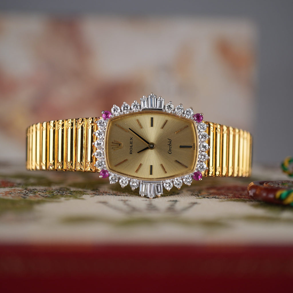 Unique Rolex Orchid 3466 Factory Diamonds and Rubies 18k Gold with Box