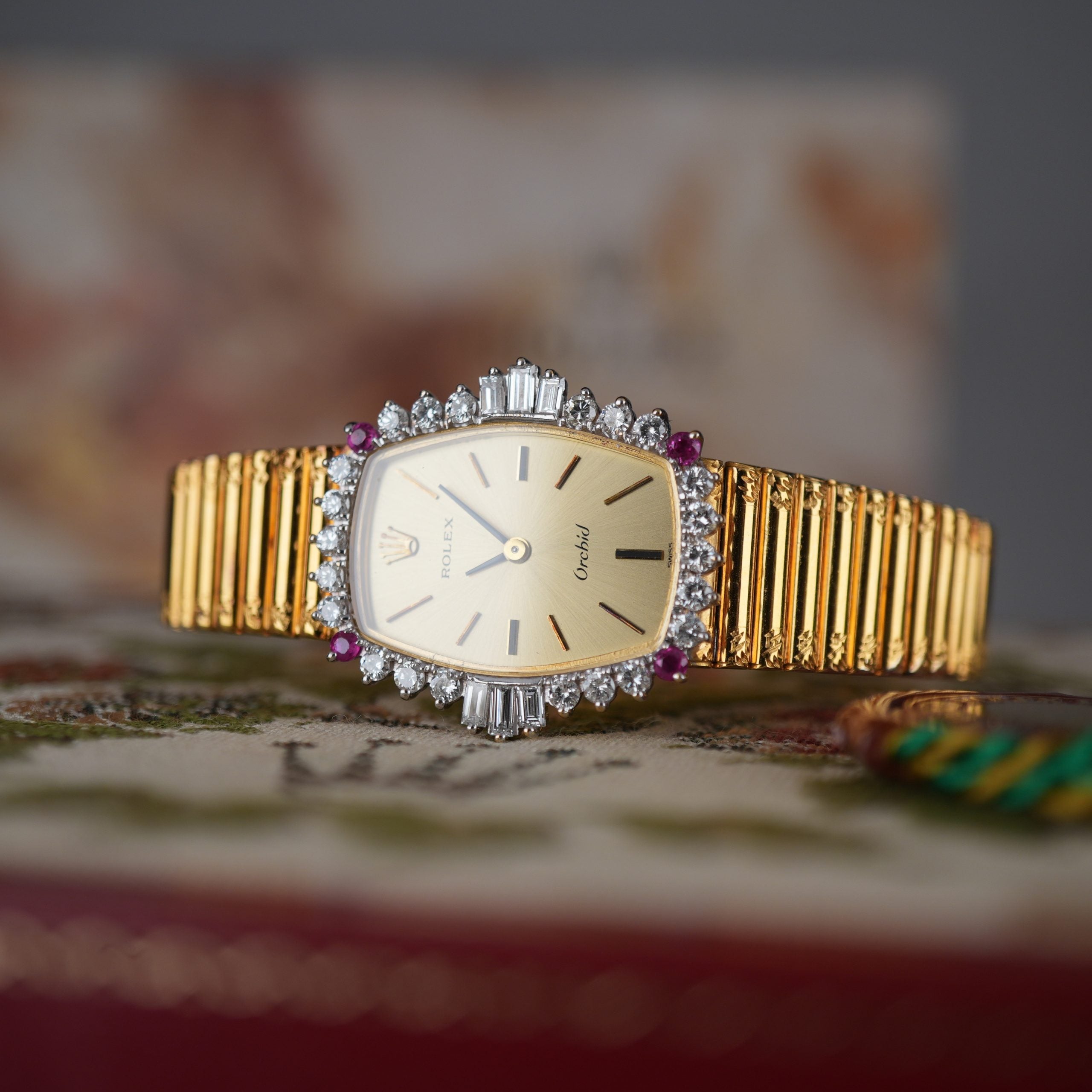 Unique Rolex Orchid 3466 Factory Diamonds and Rubies 18k Gold with Box