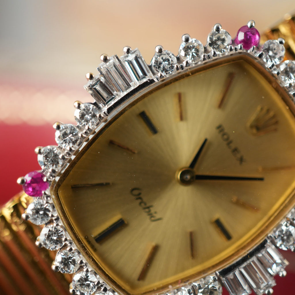 Unique Rolex Orchid 3466 Factory Diamonds and Rubies 18k Gold with Box