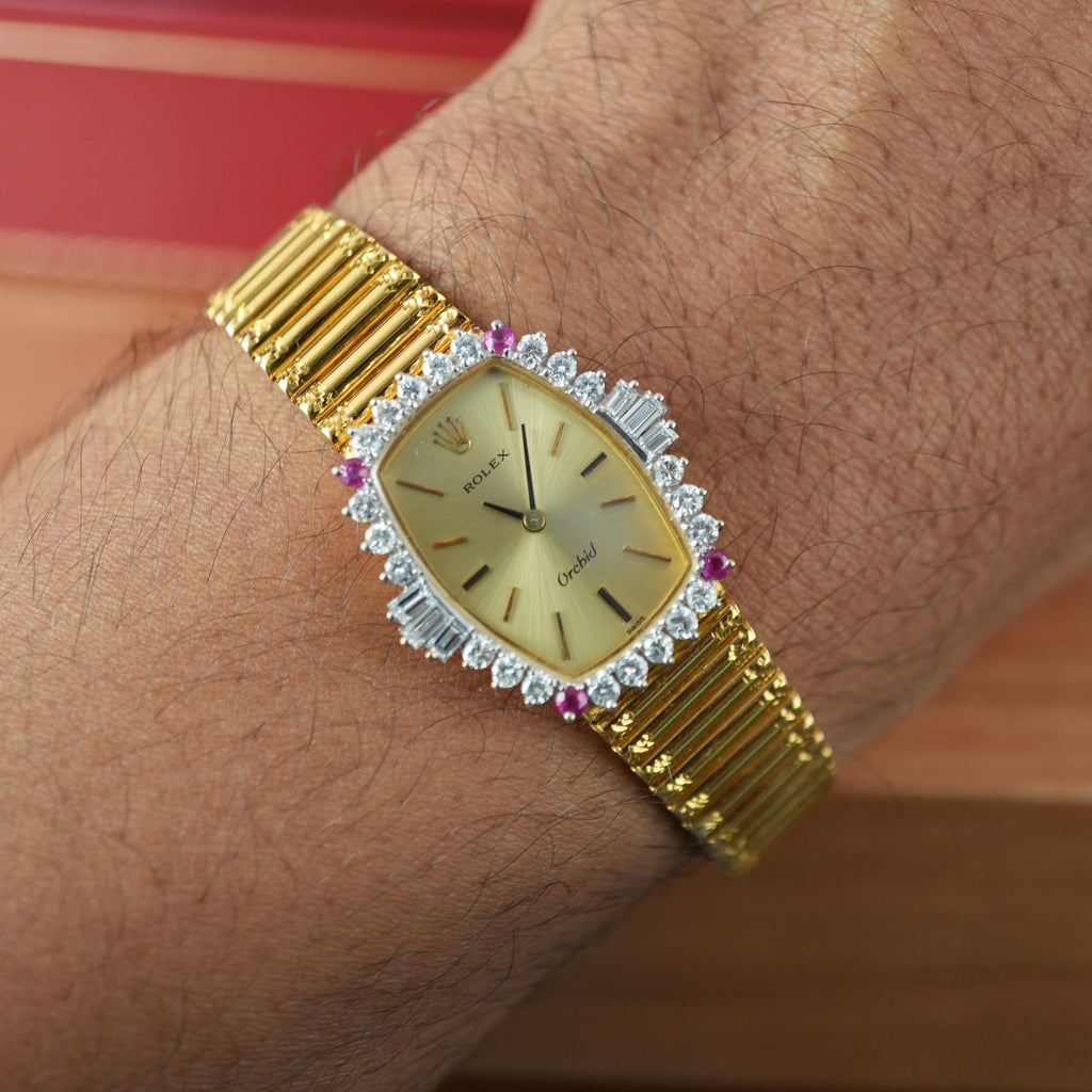 Unique Rolex Orchid 3466 Factory Diamonds and Rubies 18k Gold with Box