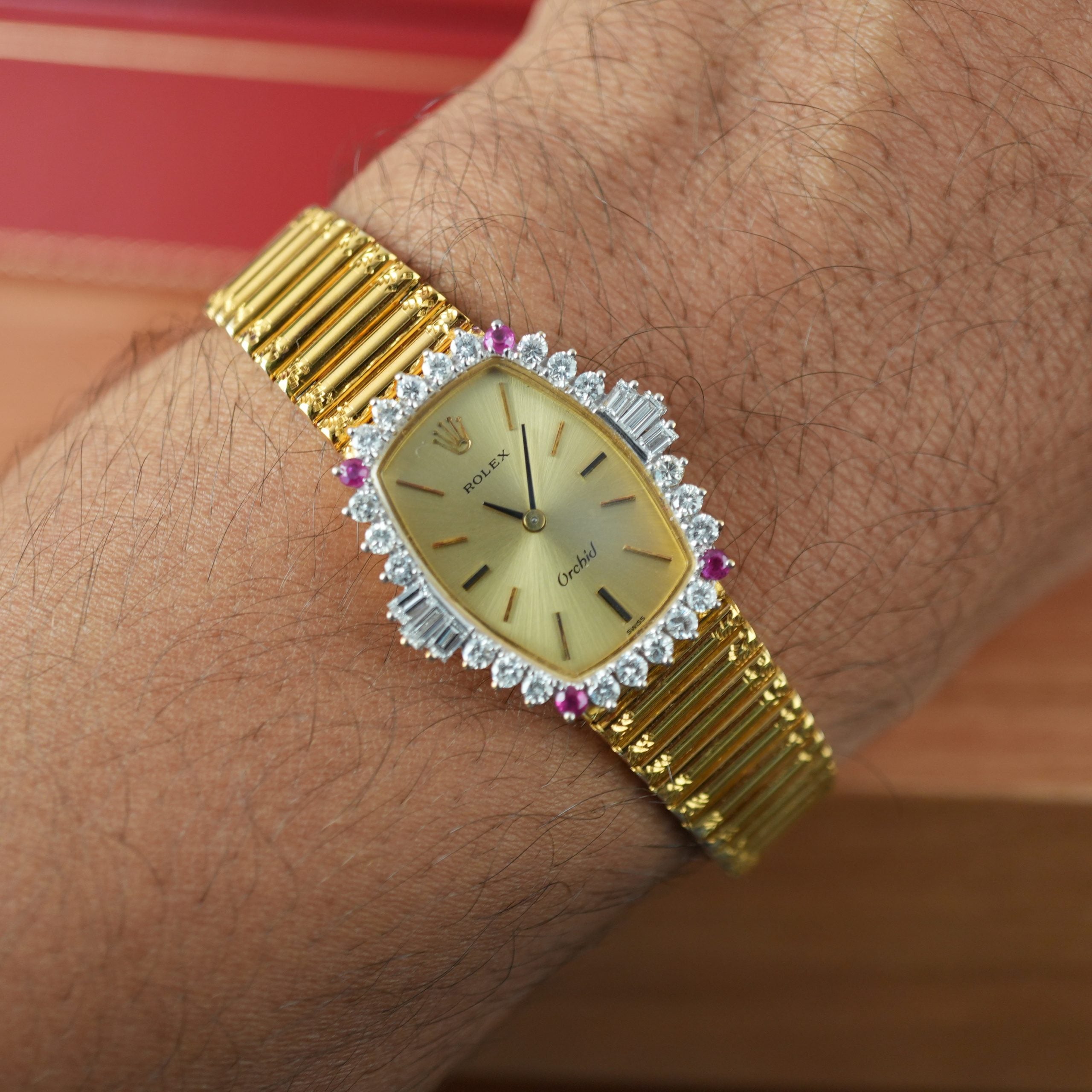 Unique Rolex Orchid 3466 Factory Diamonds and Rubies 18k Gold with Box
