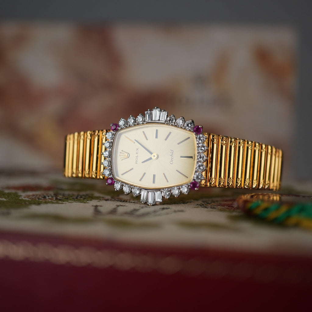 Unique Rolex Orchid 3466 Factory Diamonds and Rubies 18k Gold with Box