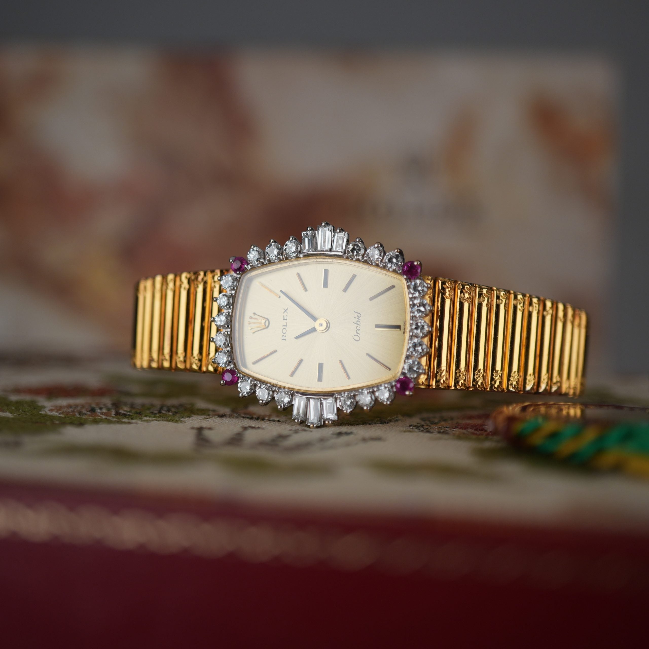 Unique Rolex Orchid 3466 Factory Diamonds and Rubies 18k Gold with Box