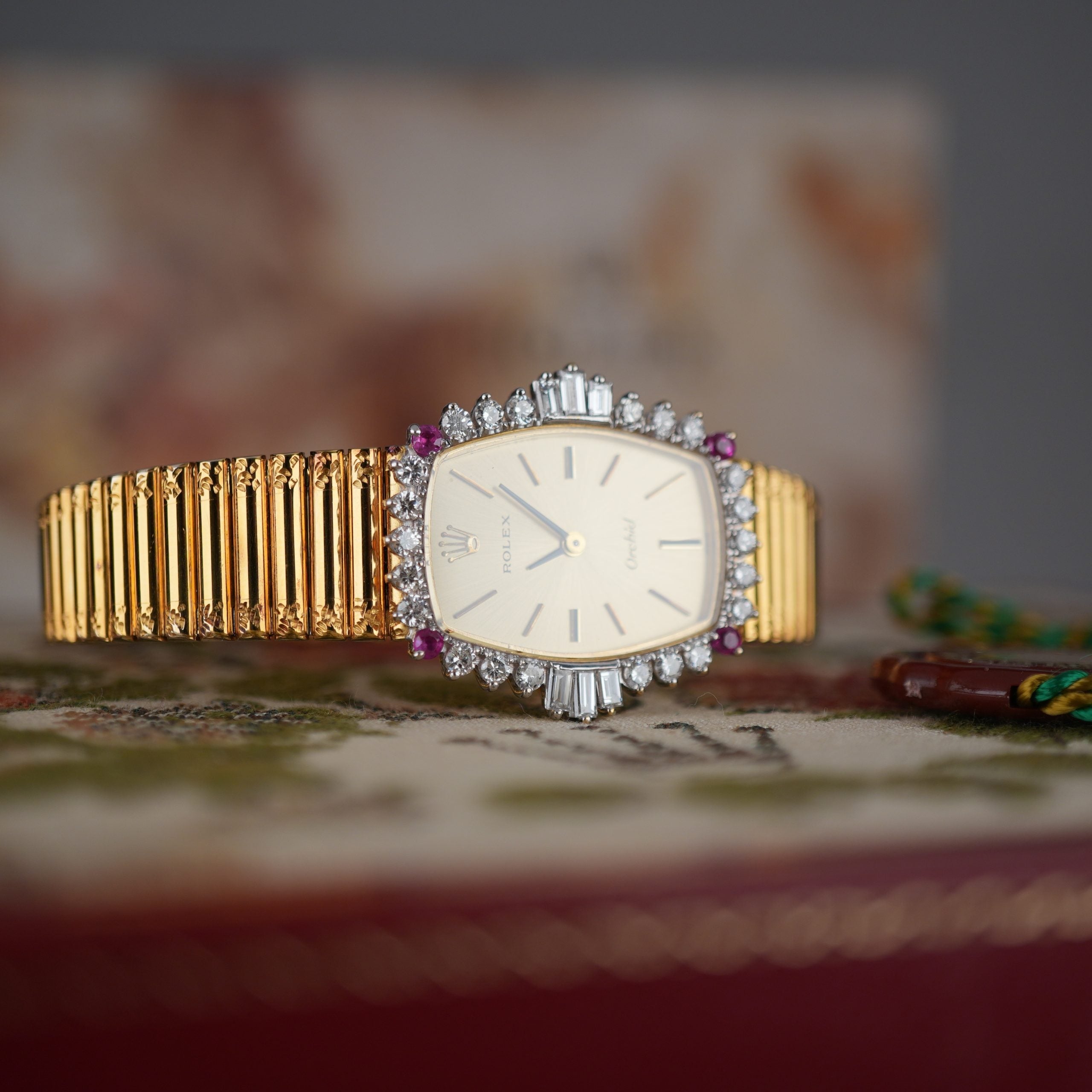 Unique Rolex Orchid 3466 Factory Diamonds and Rubies 18k Gold with Box