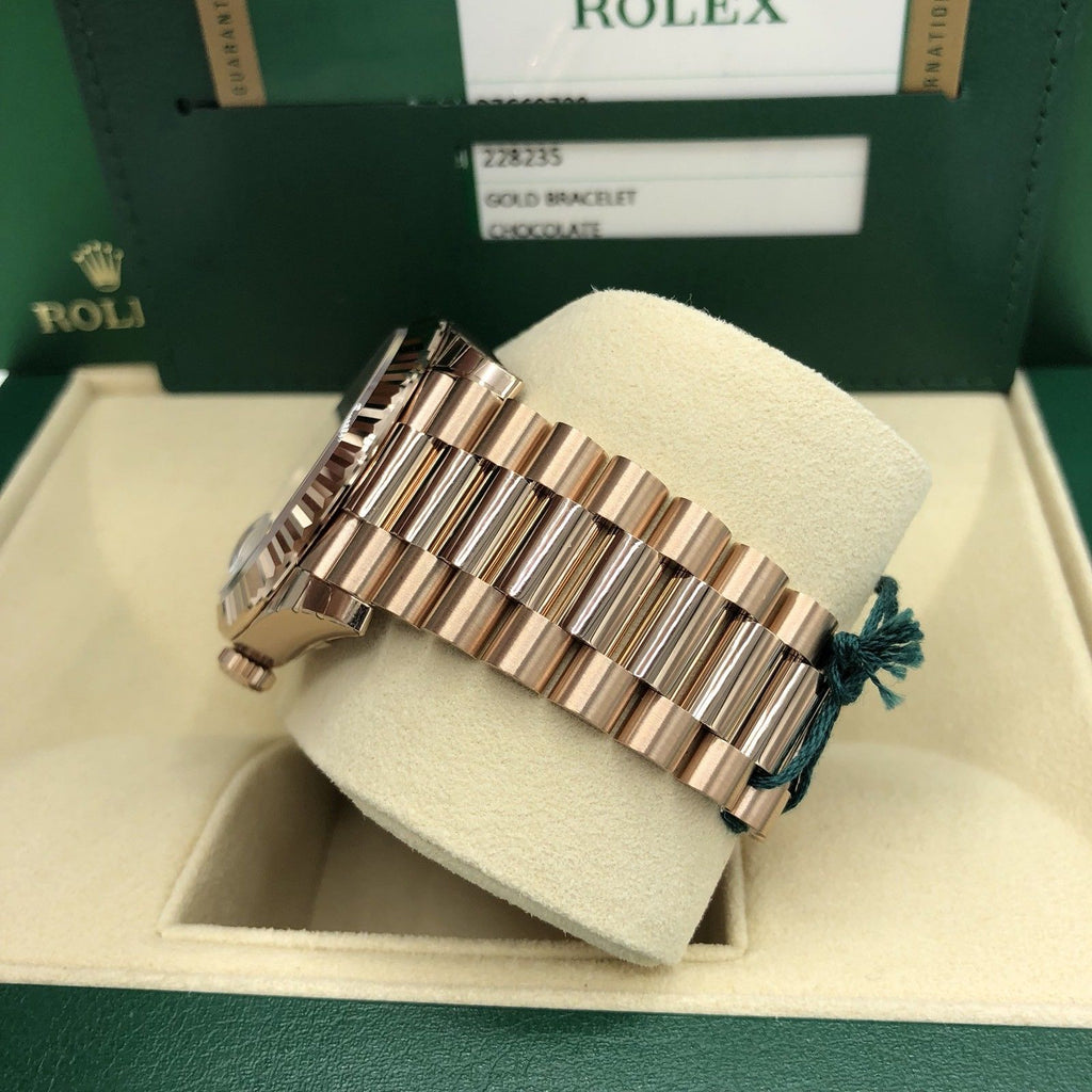 Unworn Rolex 228235 Day Date Rose 18k Gold pink Chocolate Dial 2018 box and card