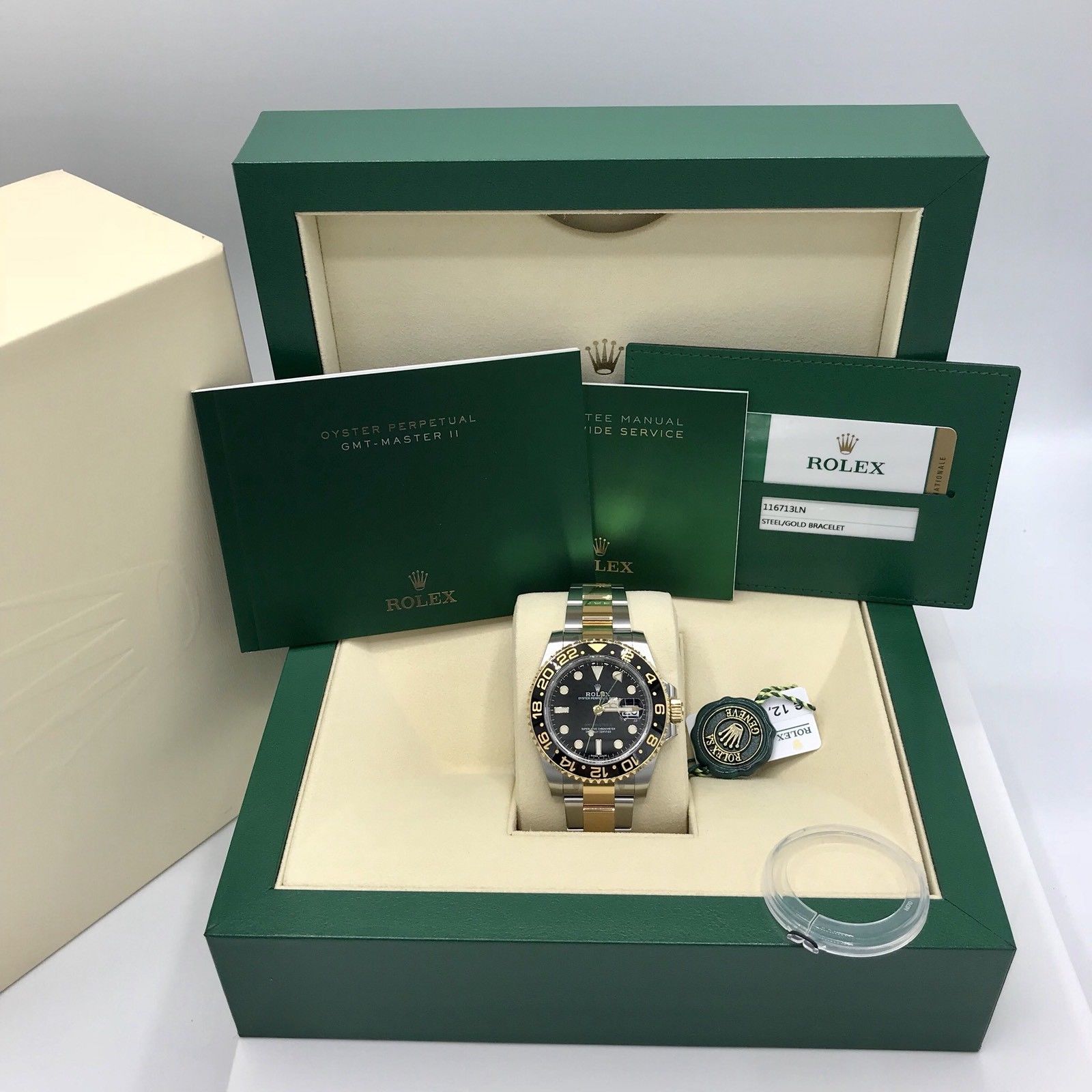 Unworn Rolex GMT Master II 116713LN SS & Gold 2017 Box Card
