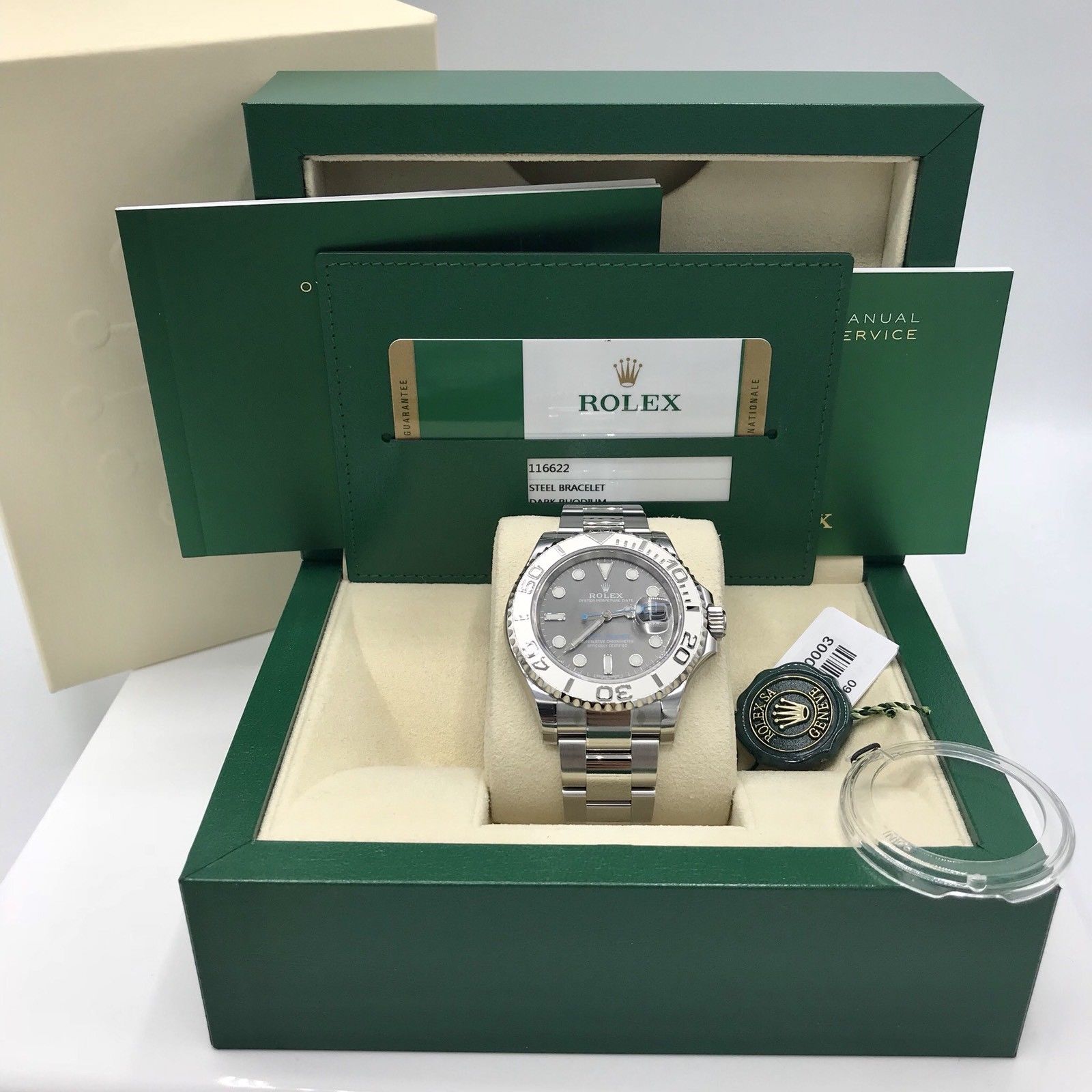 Unworn Rolex Yacht-Master 116622 SS & Platinum Rhodium Dial 2017 Box Card