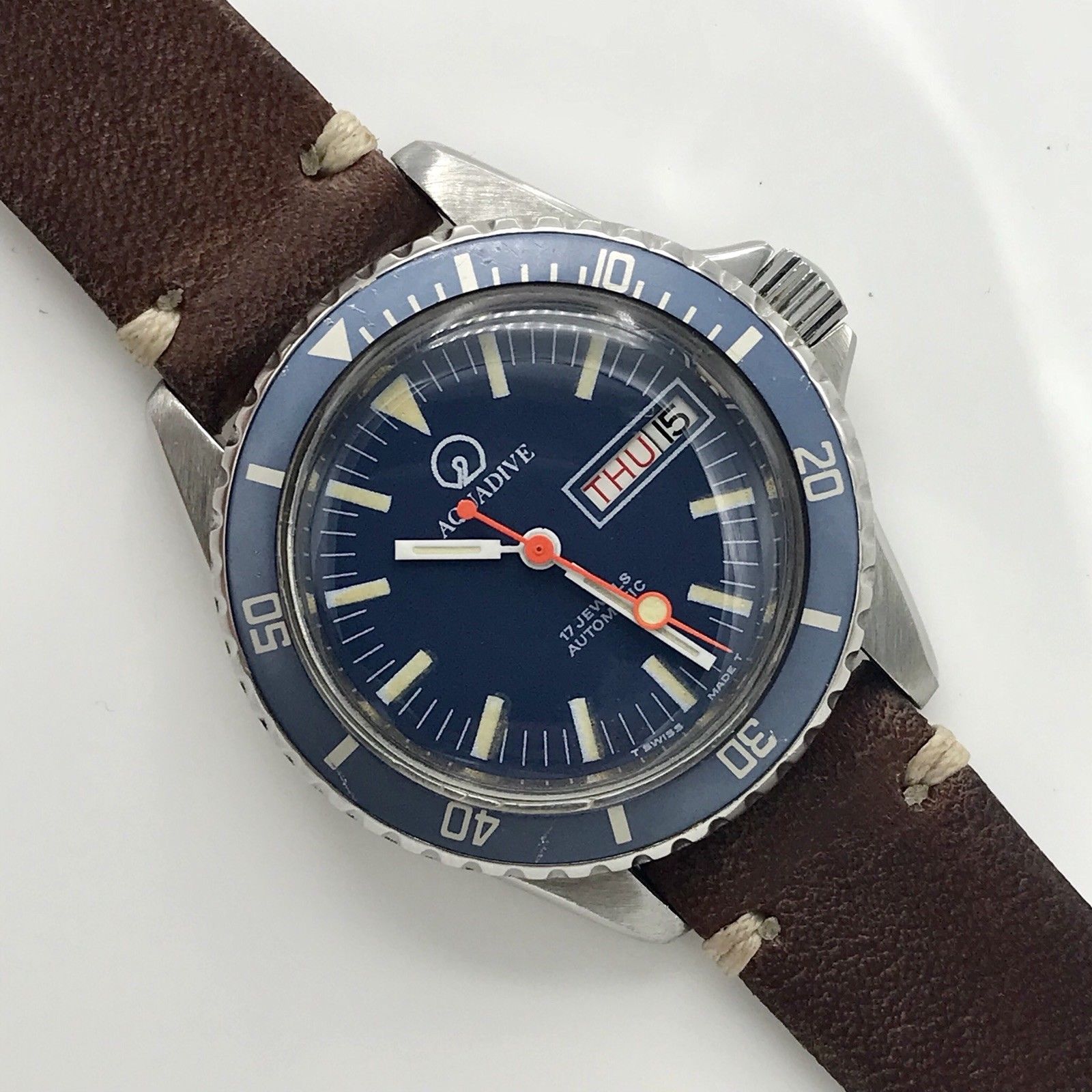 Vintage Aquadive Day-Date Divers Watch Blue dial & insert Amazing Patina PCG
