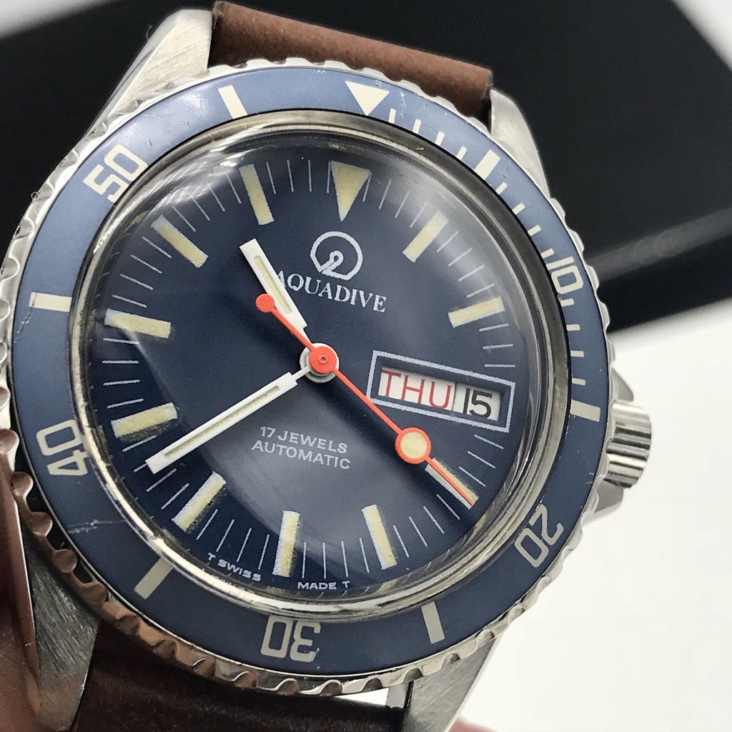Vintage Aquadive Day-Date Divers Watch Blue dial & insert Amazing Patina PCG