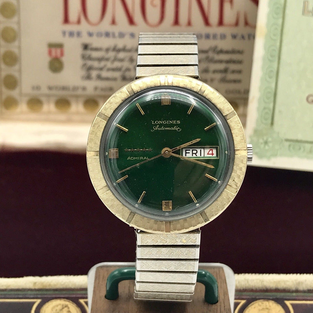 Vintage Longines 5 Star Admiral Green Dial Date Day Automatic Tu-Tone Gold Filled