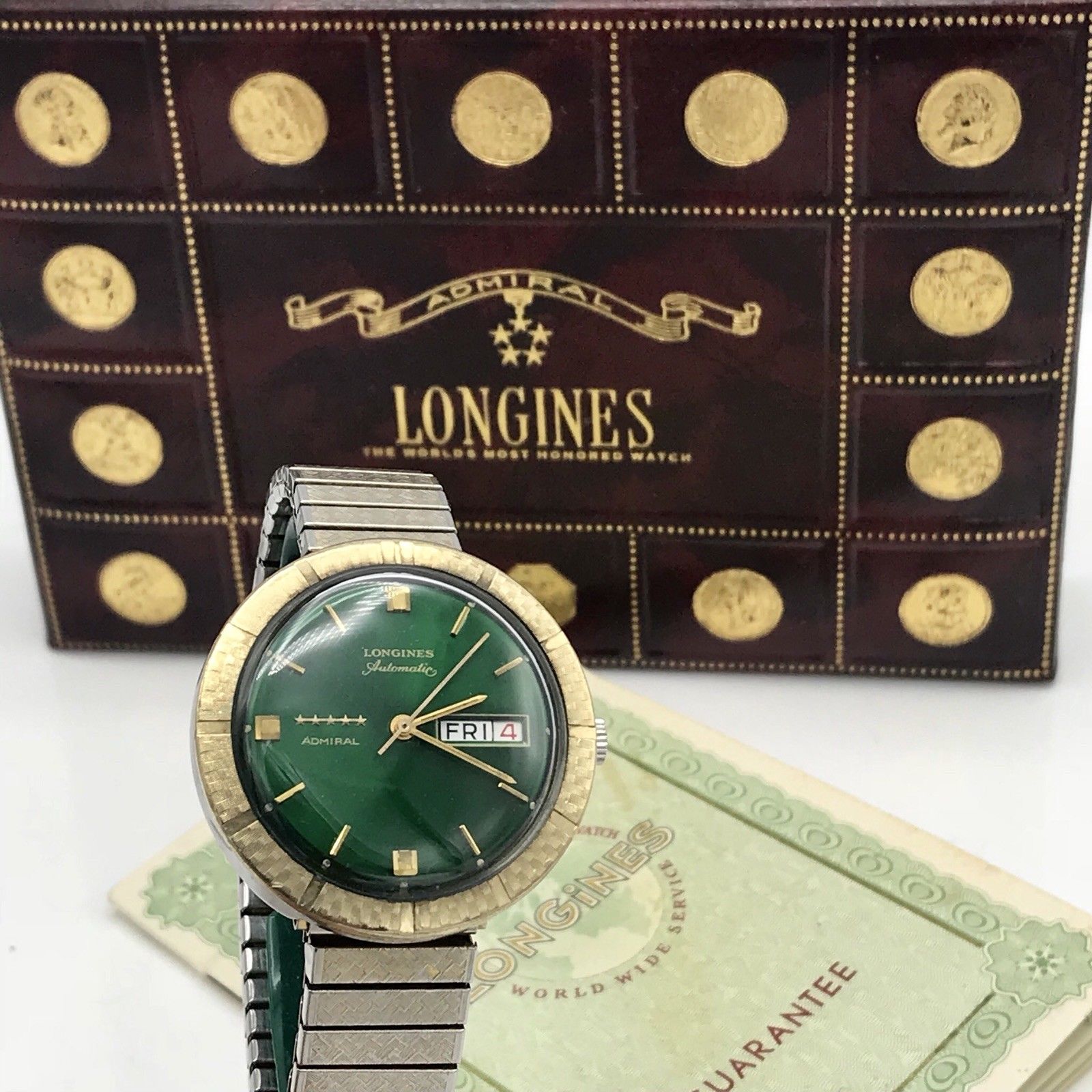 Vintage Longines 5 Star Admiral Green Dial Date Day Automatic Tu-Tone Gold Filled