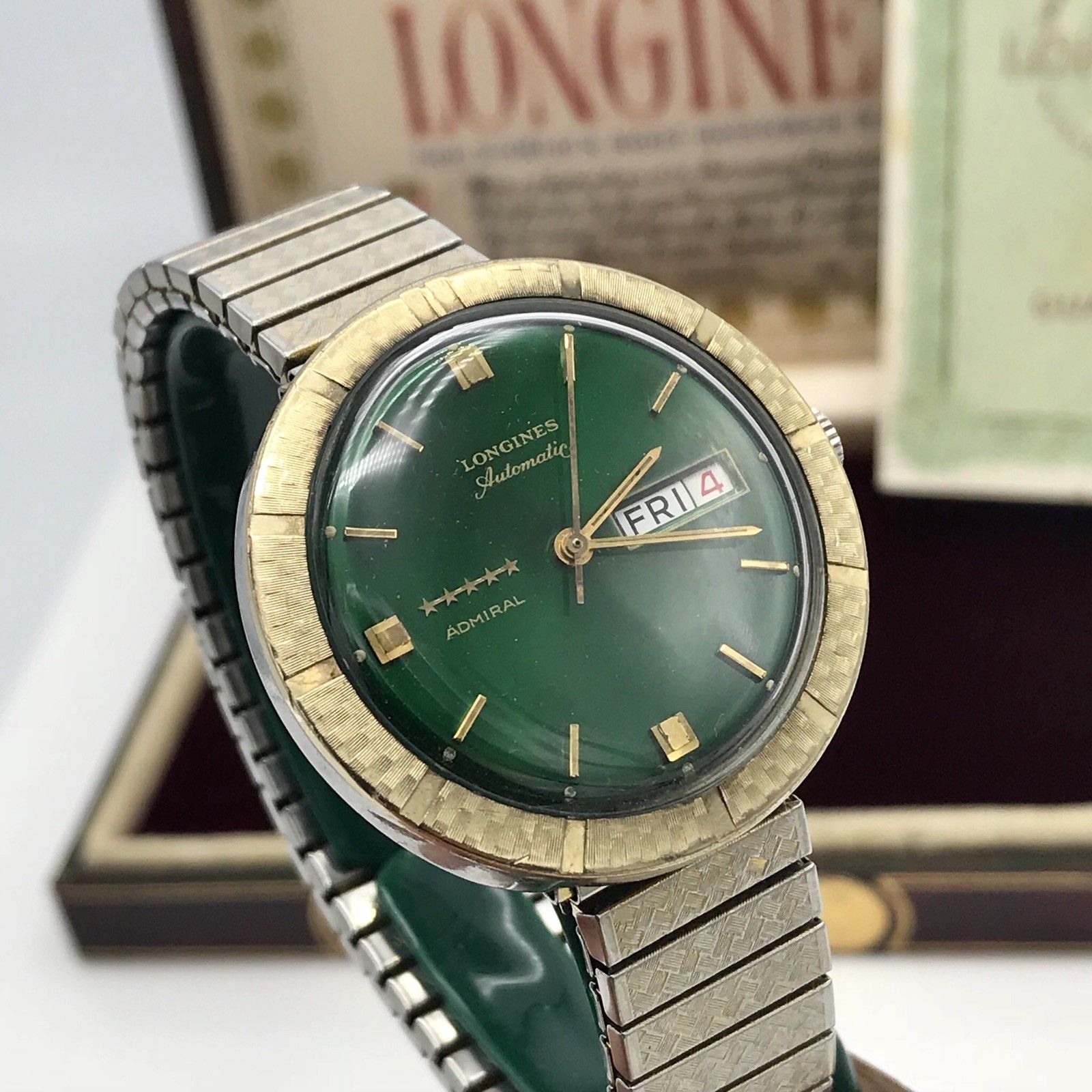 Vintage Longines 5 Star Admiral Green Dial Date Day Automatic Tu-Tone Gold Filled