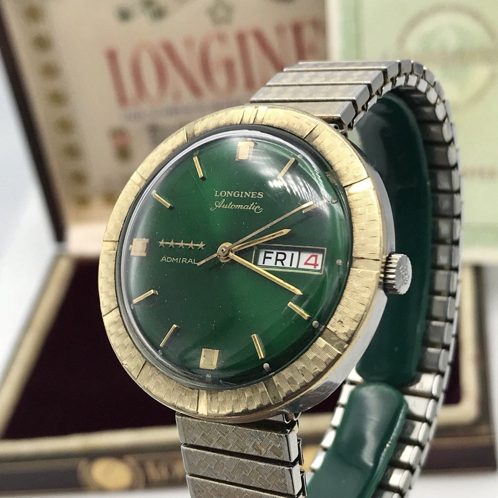 Vintage Longines 5 Star Admiral Green Dial Date Day Automatic Tu-Tone Gold Filled