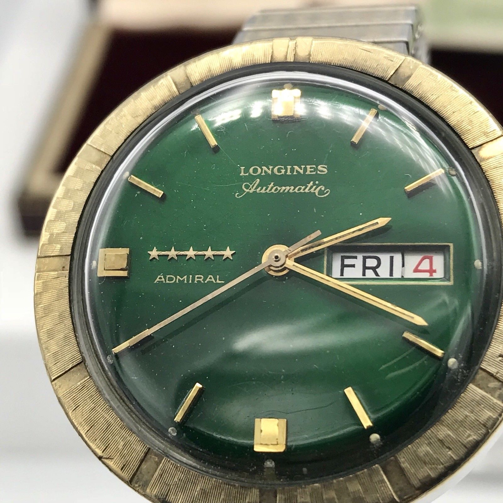 Vintage Longines 5 Star Admiral Green Dial Date Day Automatic Tu-Tone Gold Filled