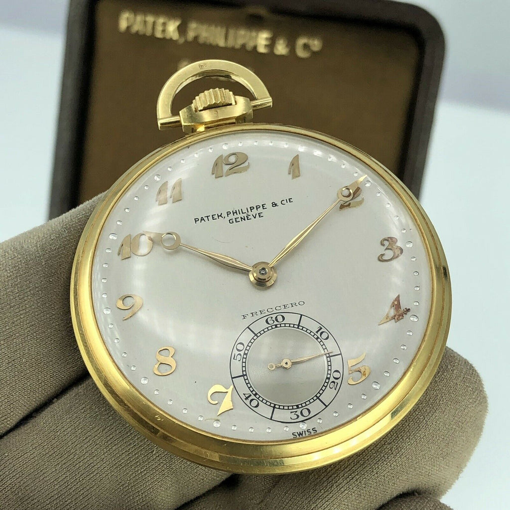 Vintage Patek Philippe Pocket Watch 18k Gold Retailed By Freccero Box & Paper
