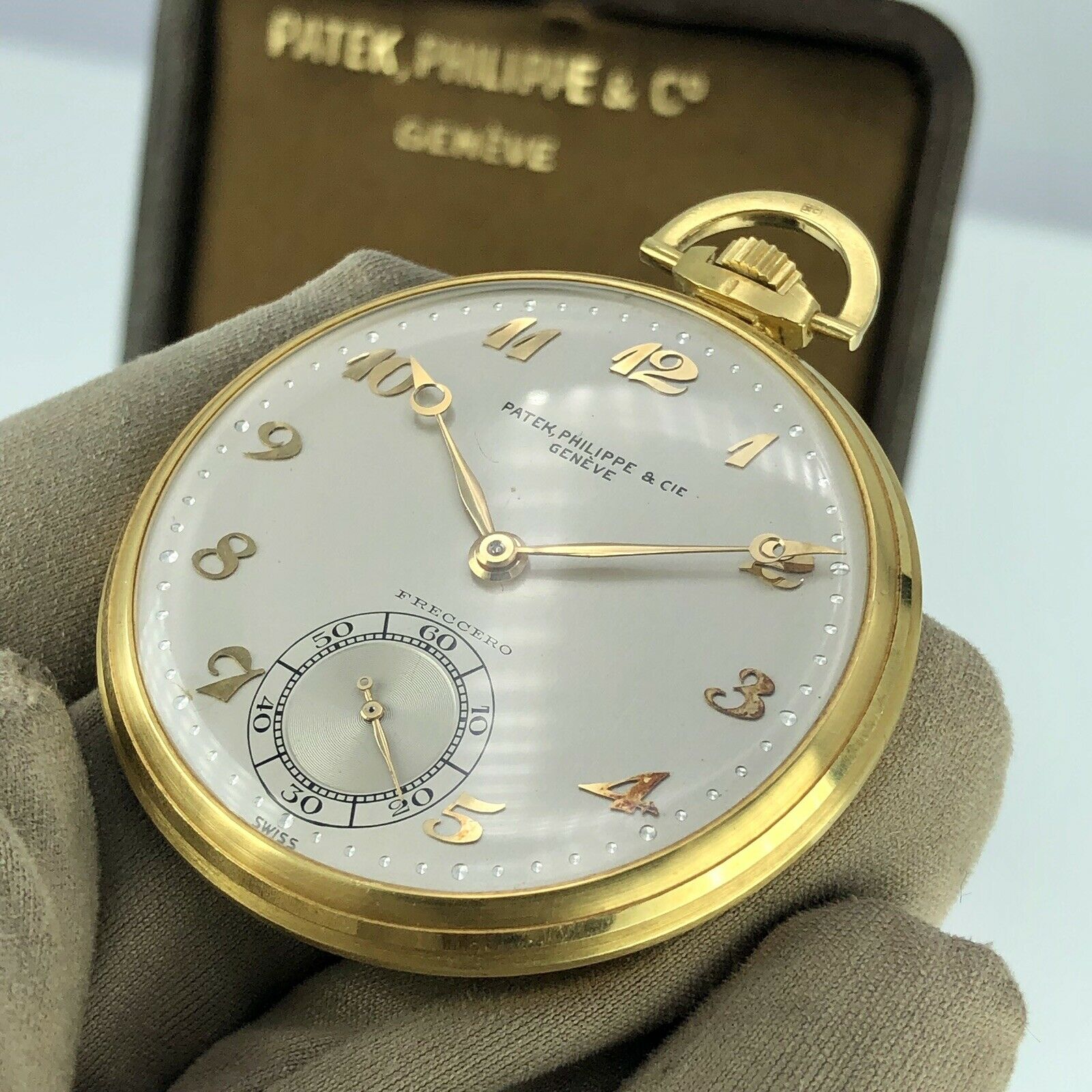 Vintage Patek Philippe Pocket Watch 18k Gold Retailed By Freccero Box & Paper