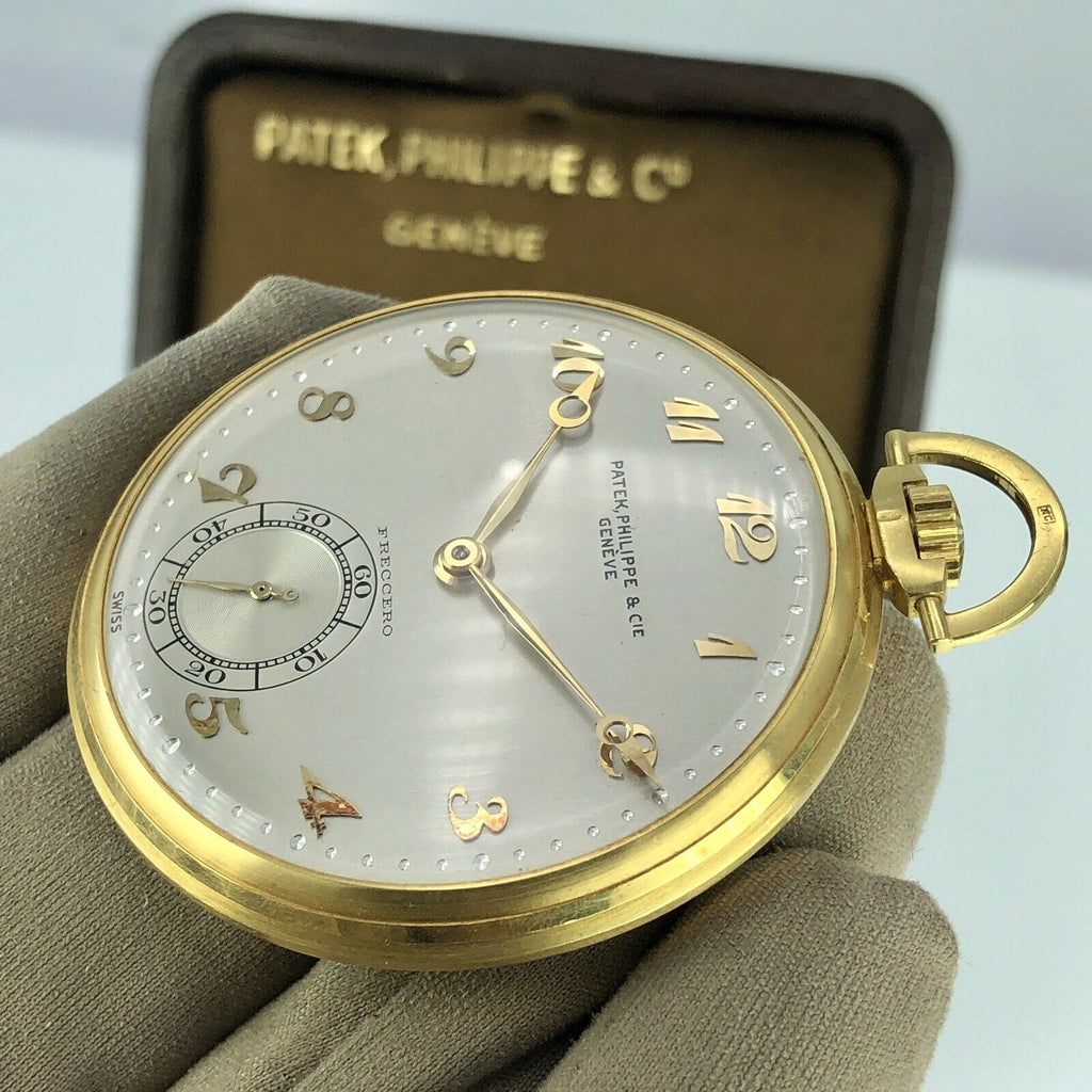 Vintage Patek Philippe Pocket Watch 18k Gold Retailed By Freccero Box & Paper