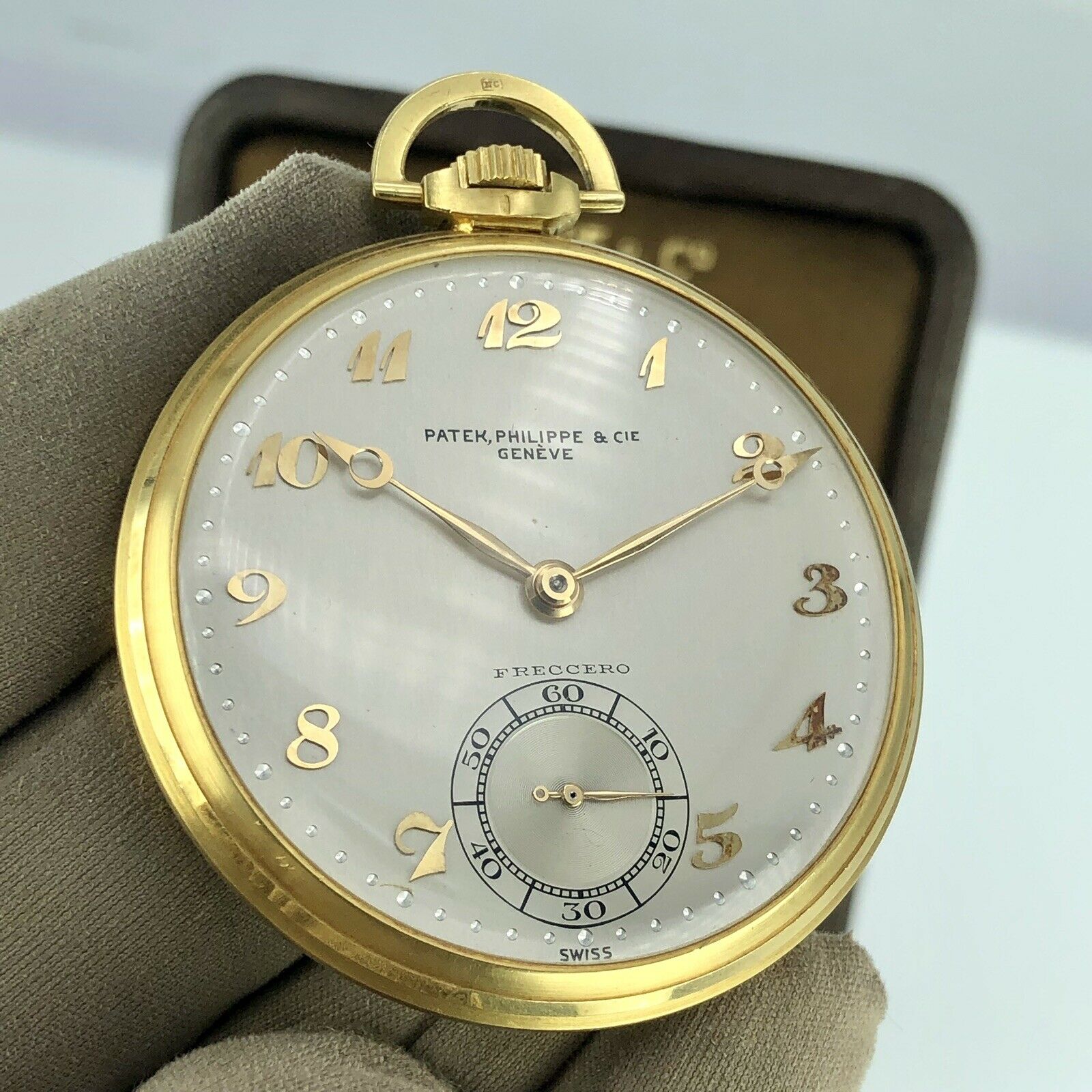 Vintage Patek Philippe Pocket Watch 18k Gold Retailed By Freccero Box & Paper