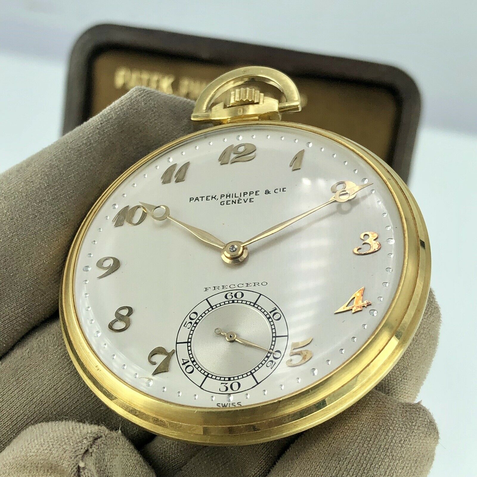 Vintage Patek Philippe Pocket Watch 18k Gold Retailed By Freccero Box & Paper