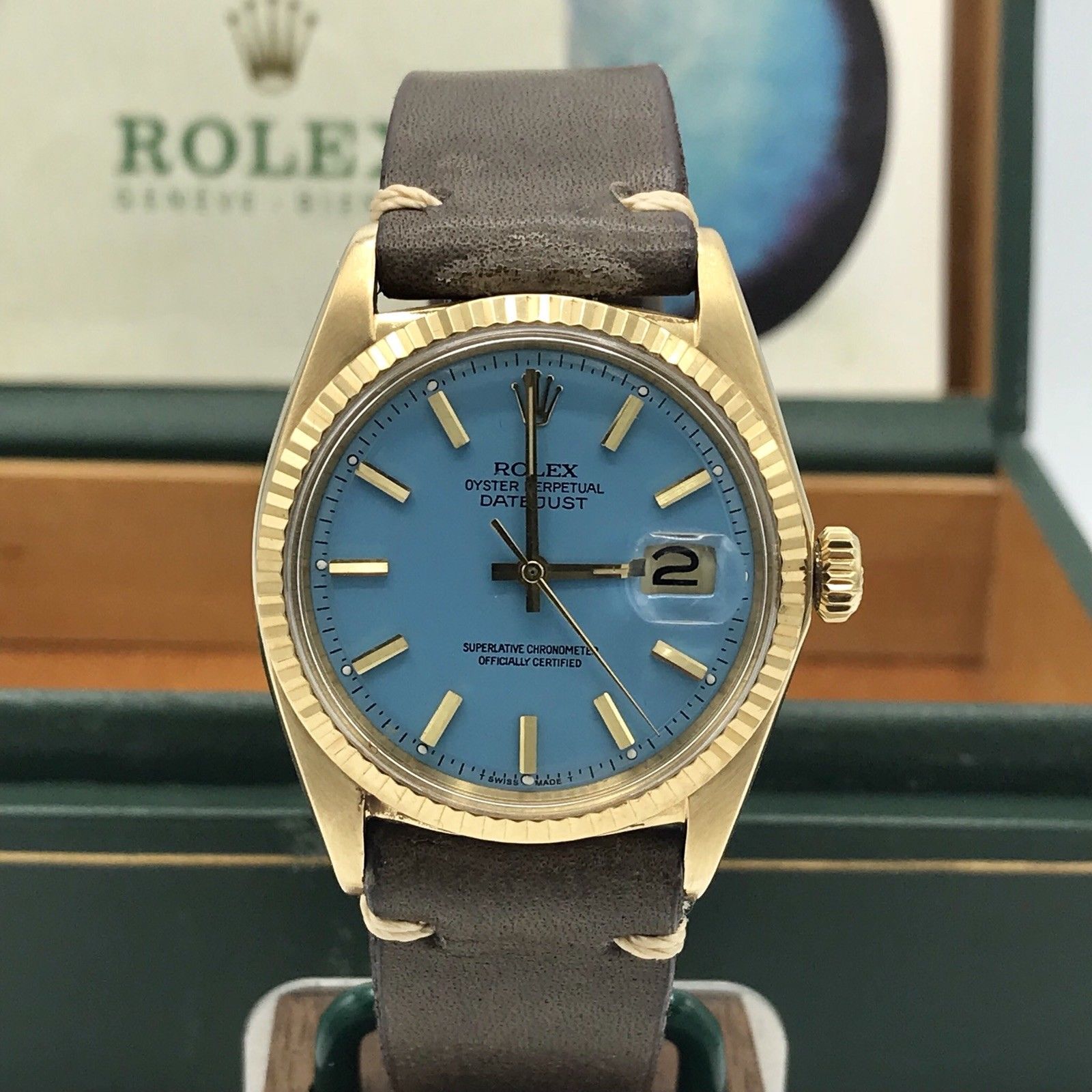 Vintage Rolex 1601 Date just 18k gold Stella Tiffany Dial Box & Papers full set