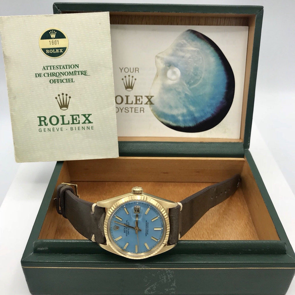 Vintage Rolex 1601 Date just 18k gold Stella Tiffany Dial Box & Papers full set