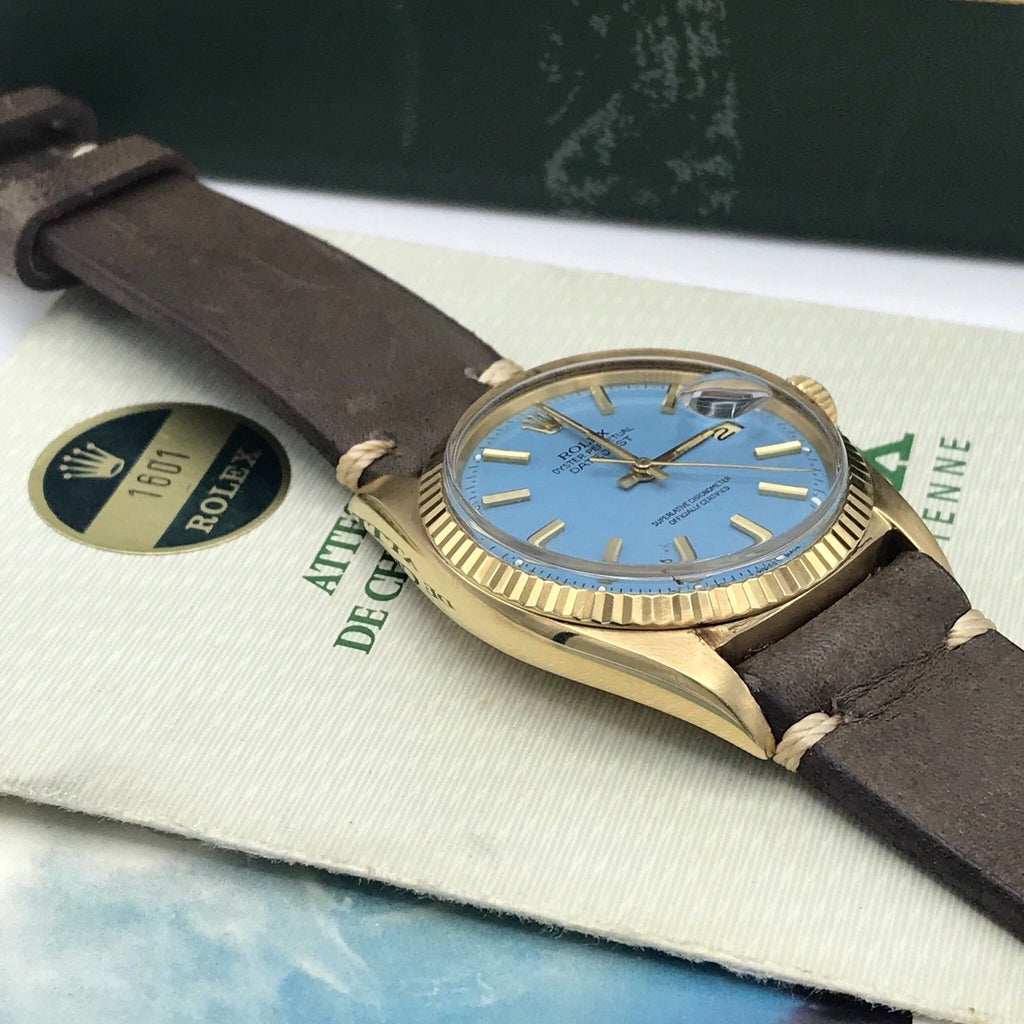 Vintage Rolex 1601 Date just 18k gold Stella Tiffany Dial Box & Papers full set