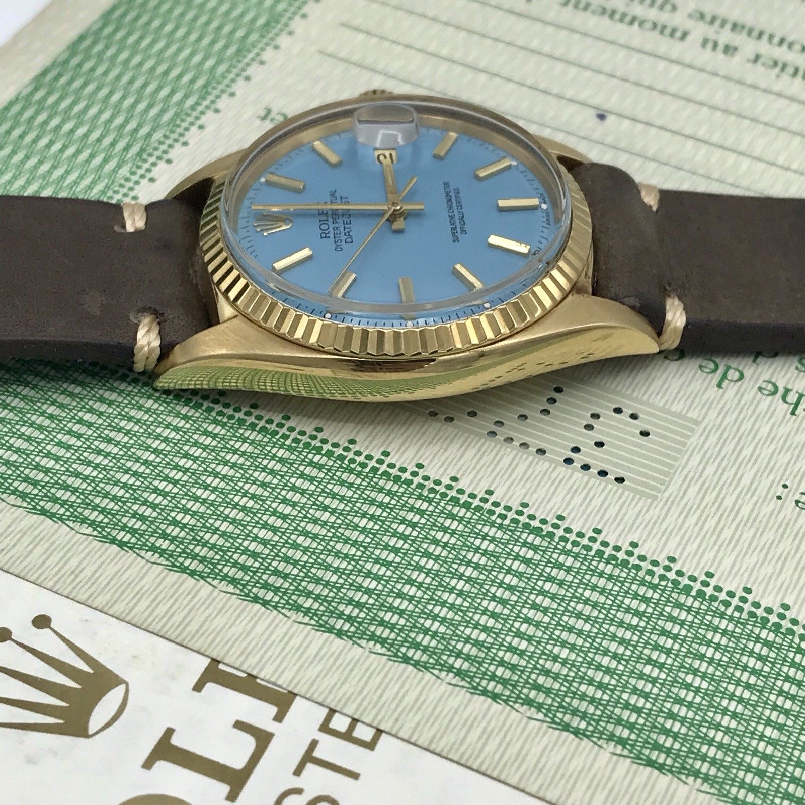 Vintage Rolex 1601 Date just 18k gold Stella Tiffany Dial Box & Papers full set