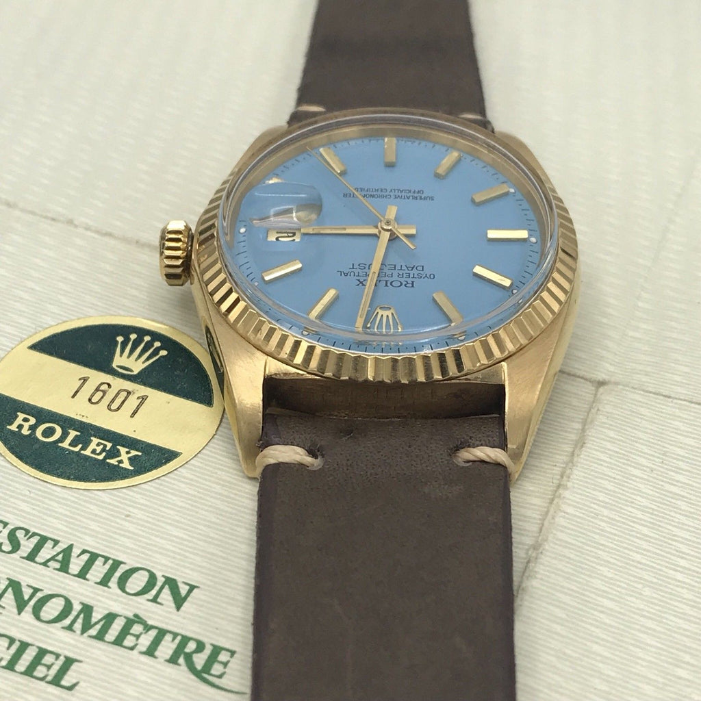 Vintage Rolex 1601 Date just 18k gold Stella Tiffany Dial Box & Papers full set