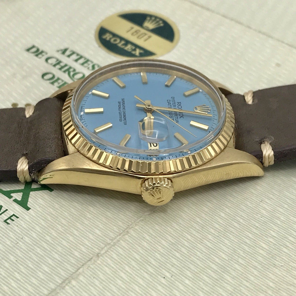 Vintage Rolex 1601 Date just 18k gold Stella Tiffany Dial Box & Papers full set