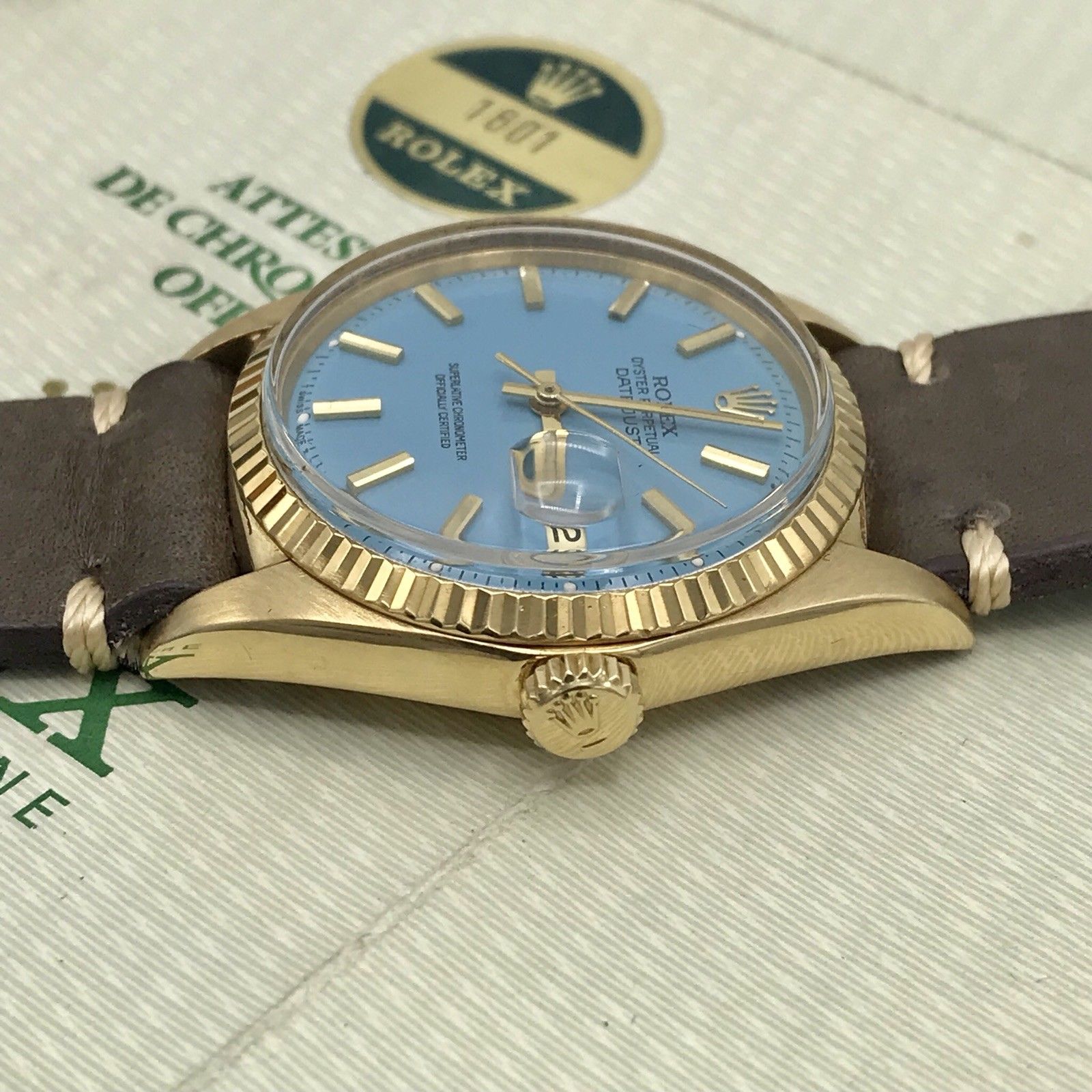 Vintage Rolex 1601 Date just 18k gold Stella Tiffany Dial Box & Papers full set