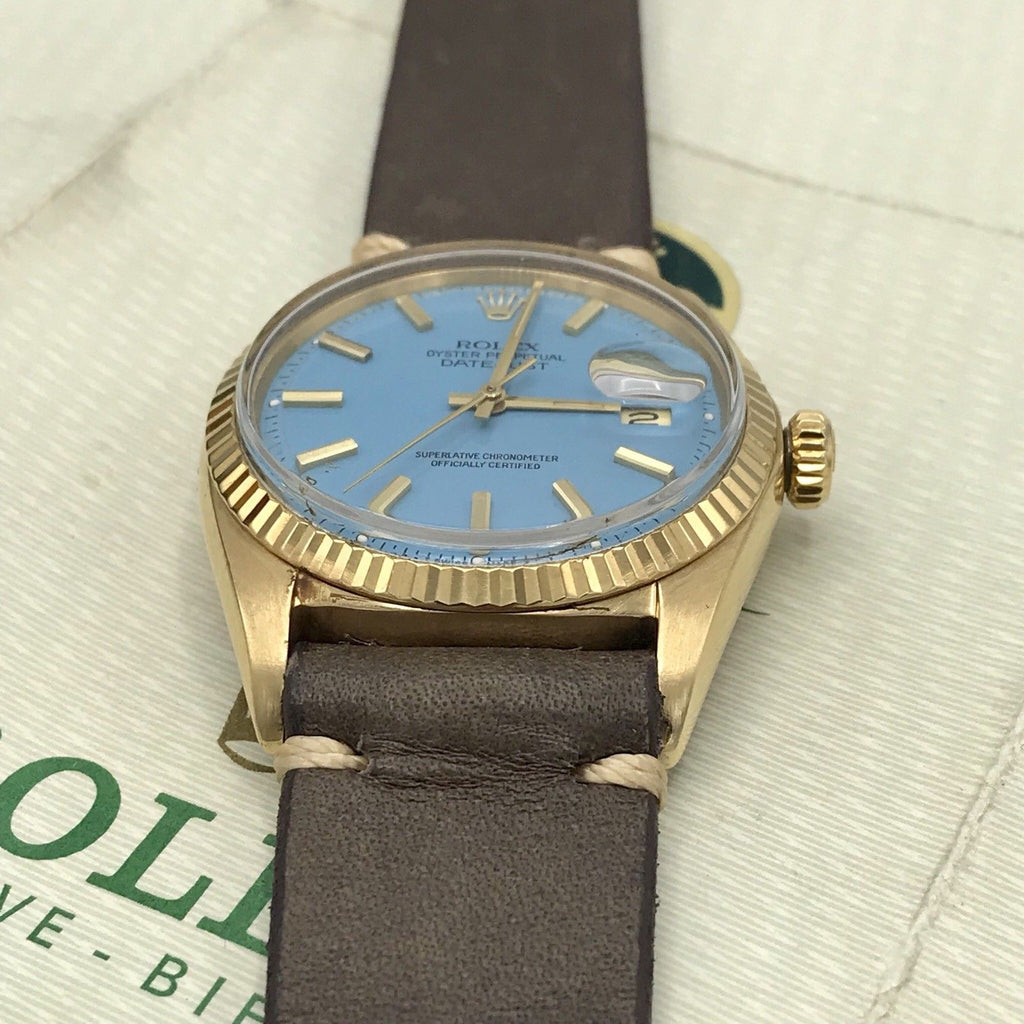 Vintage Rolex 1601 Date just 18k gold Stella Tiffany Dial Box & Papers full set