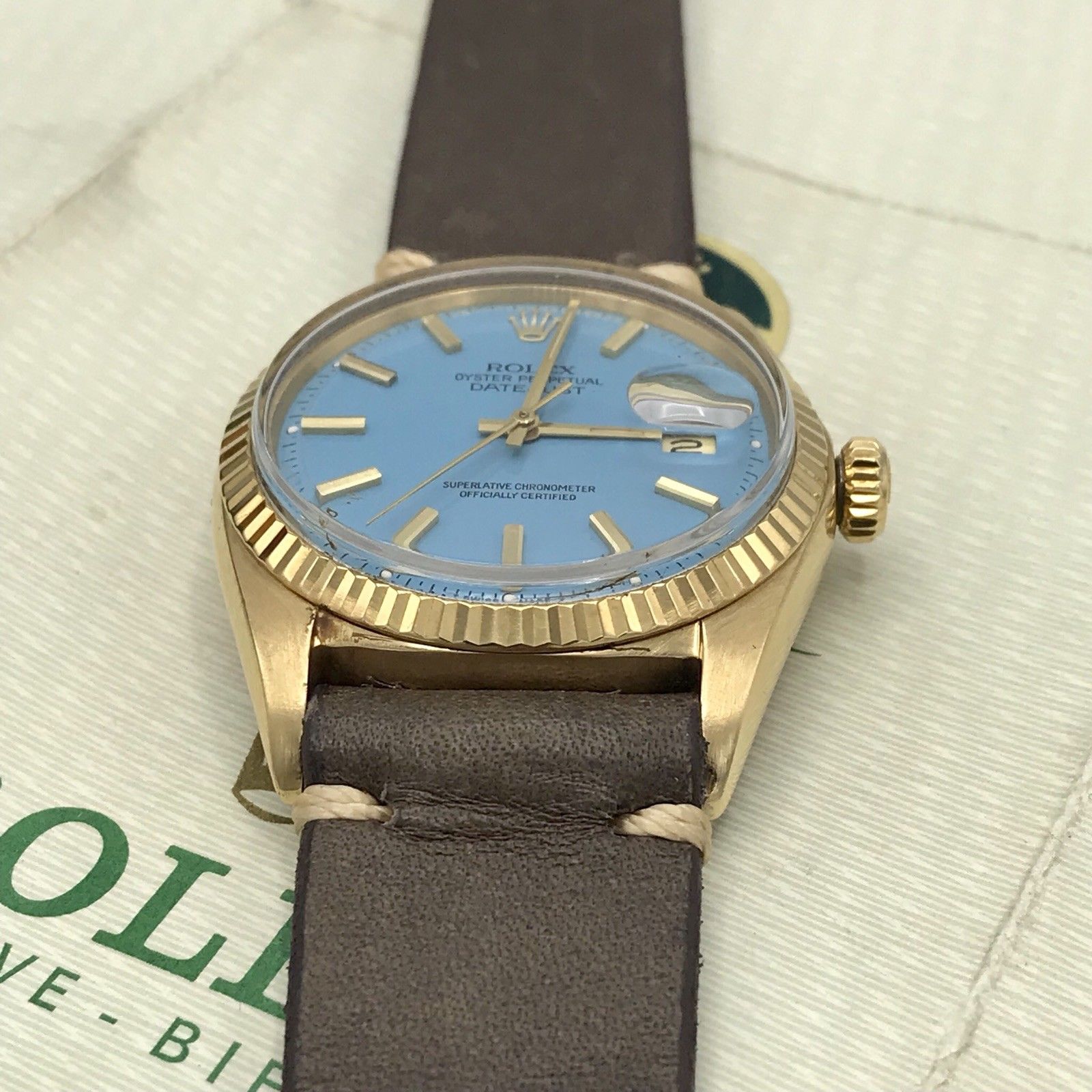 Vintage Rolex 1601 Date just 18k gold Stella Tiffany Dial Box & Papers full set