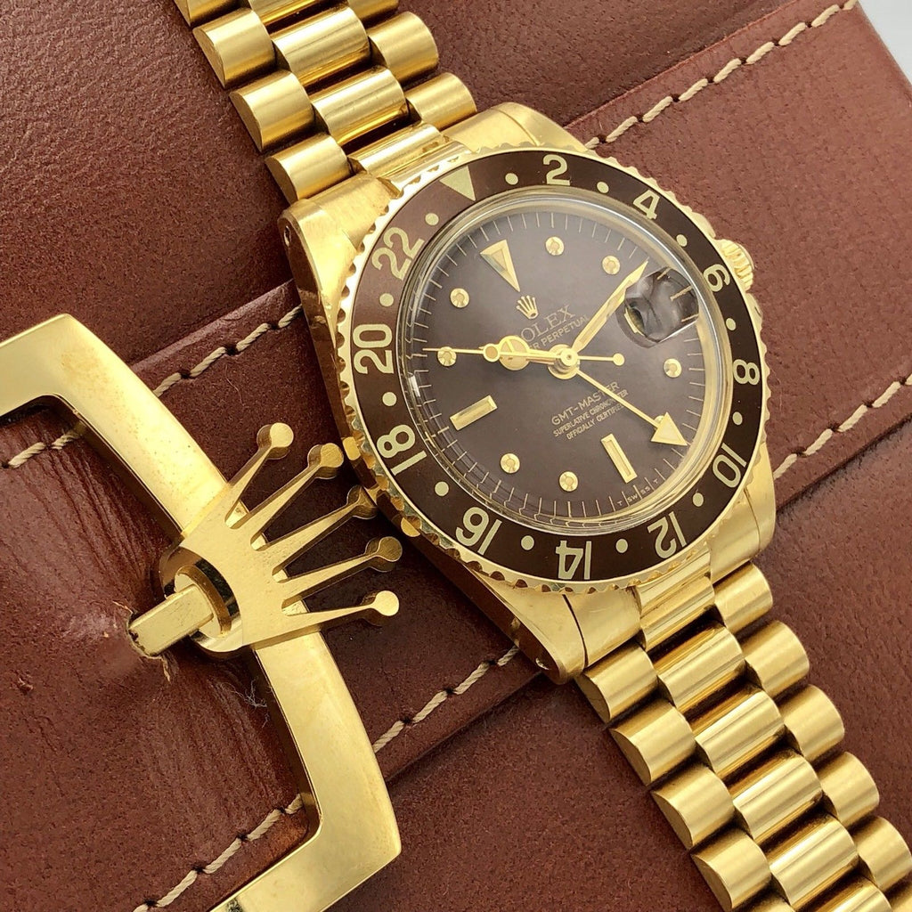 1977 Vintage Rolex GMT Master 1675 Gold Unpolished Mint Condition Brown Nipple
