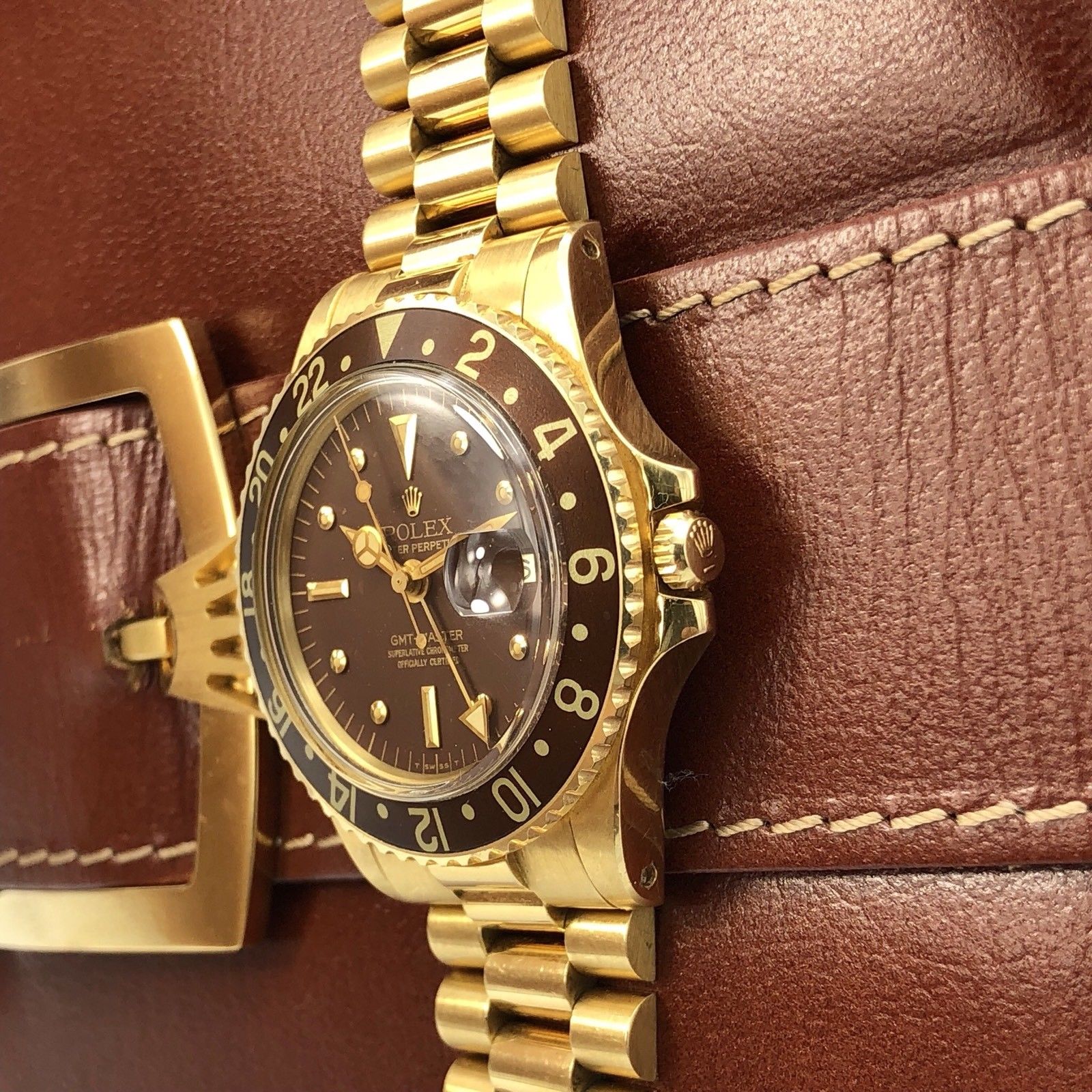 1977 Vintage Rolex GMT Master 1675 Gold Unpolished Mint Condition Brown Nipple