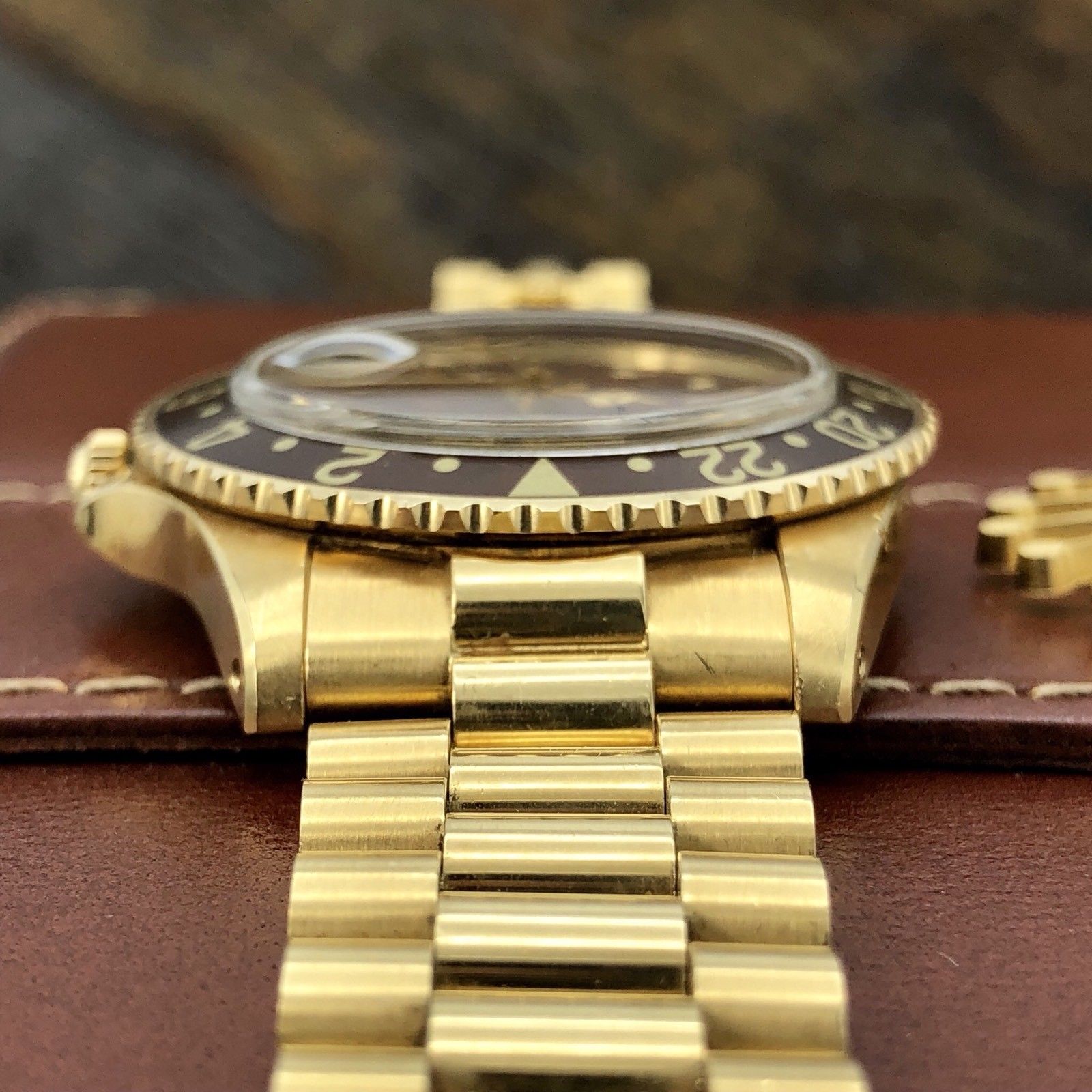 1977 Vintage Rolex GMT Master 1675 Gold Unpolished Mint Condition Brown Nipple