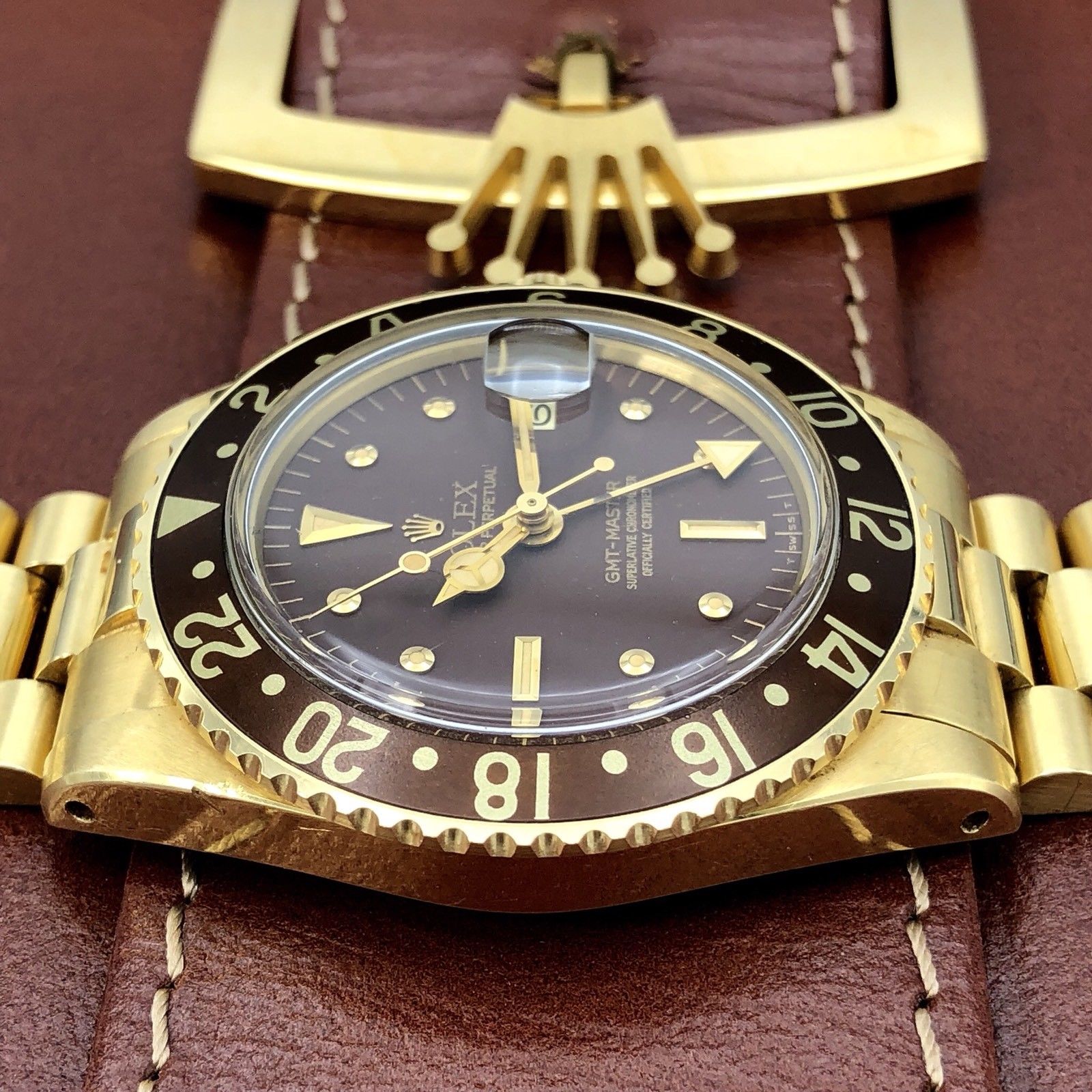 1977 Vintage Rolex GMT Master 1675 Gold Unpolished Mint Condition Brown Nipple
