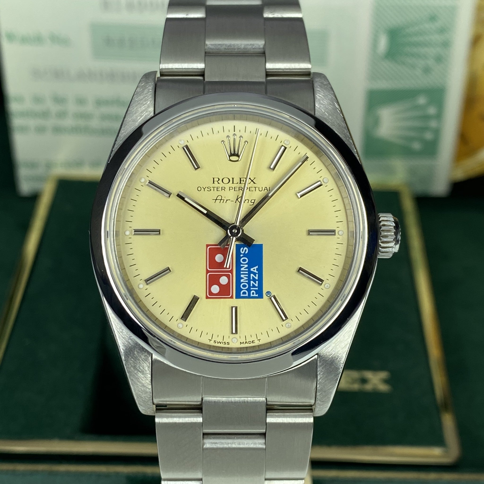 1991 Vintage Rolex Air-King 14000 Domino’s Pizza unique Patina Dial With Box & Papers