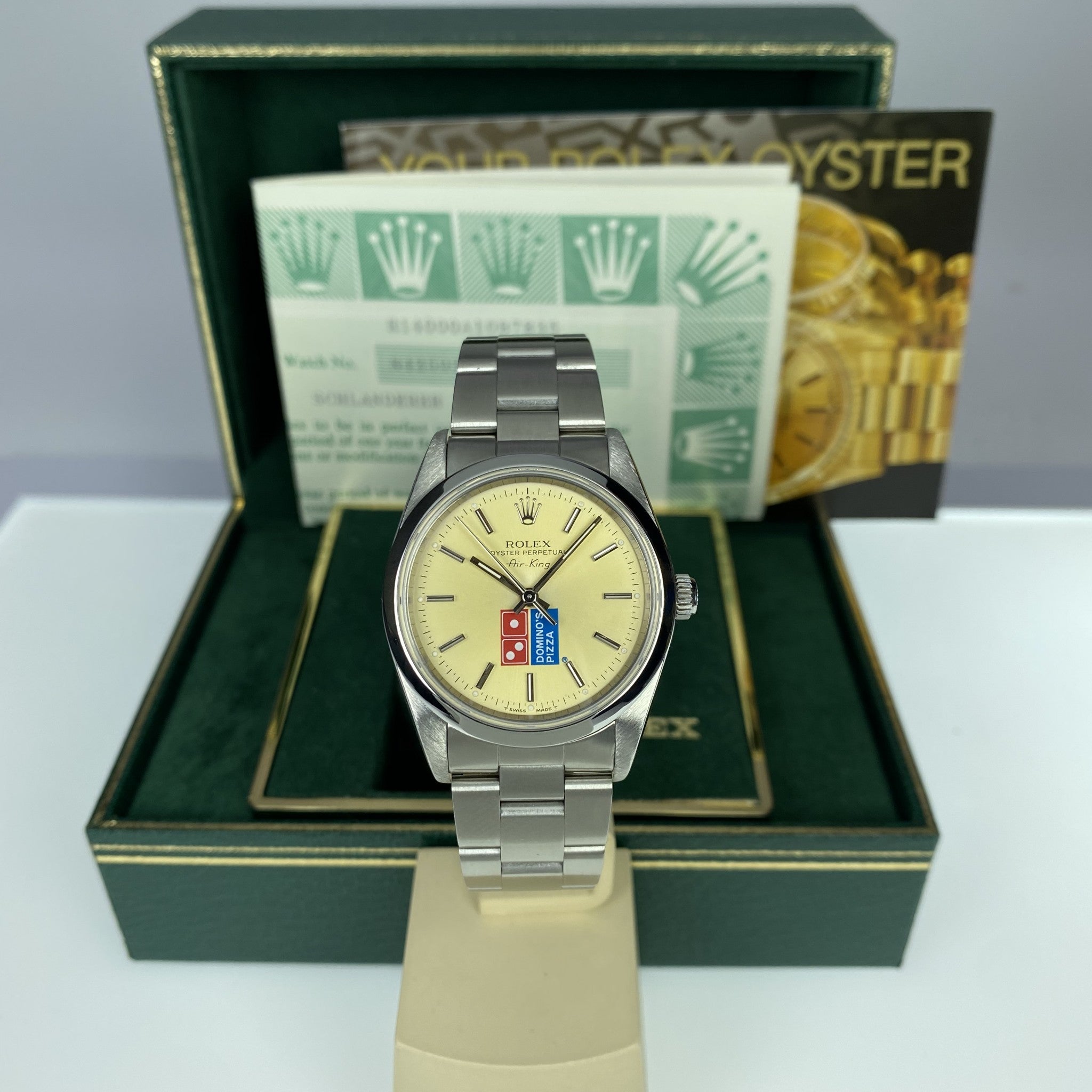 1991 Vintage Rolex Air-King 14000 Domino’s Pizza unique Patina Dial With Box & Papers
