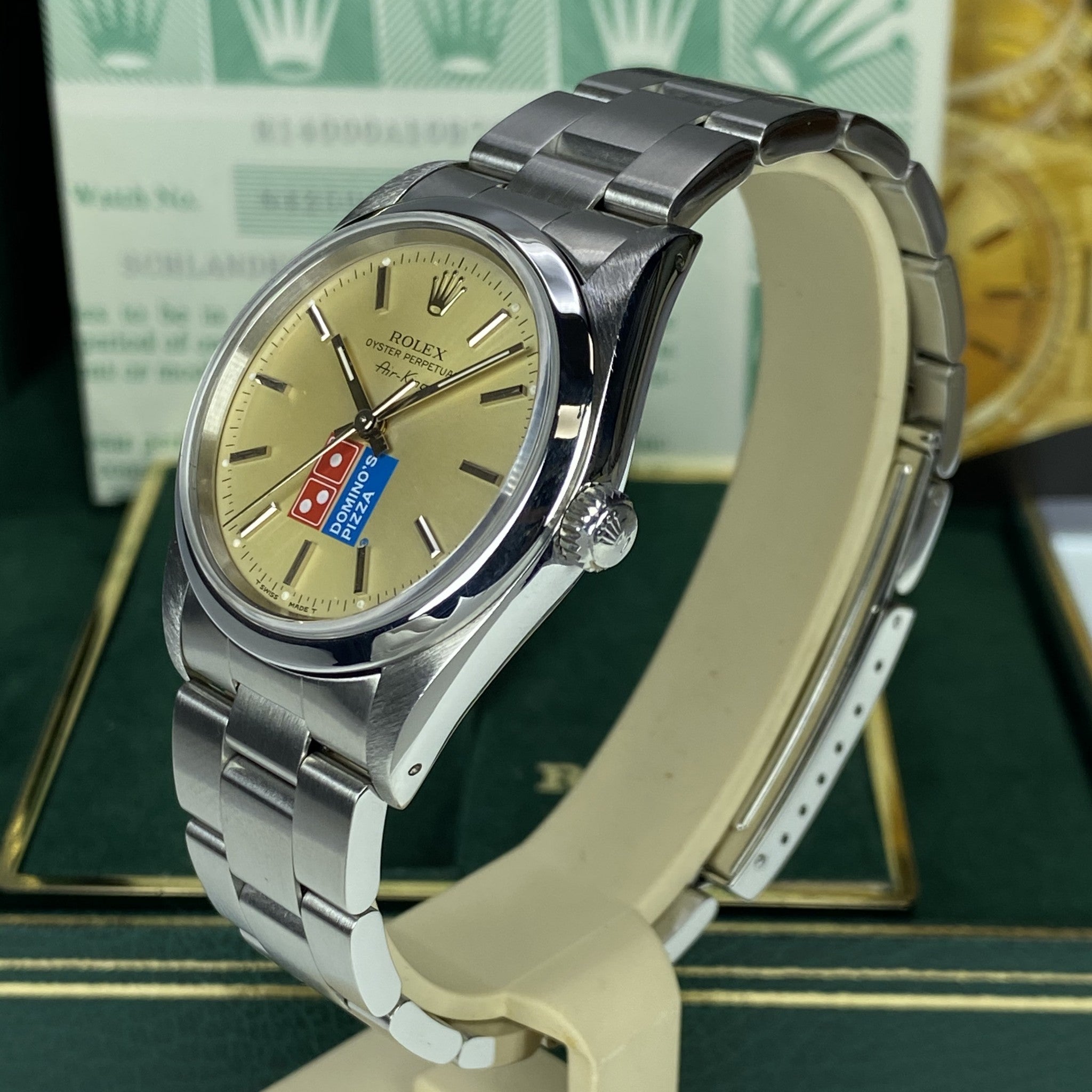 1991 Vintage Rolex Air-King 14000 Domino’s Pizza unique Patina Dial With Box & Papers