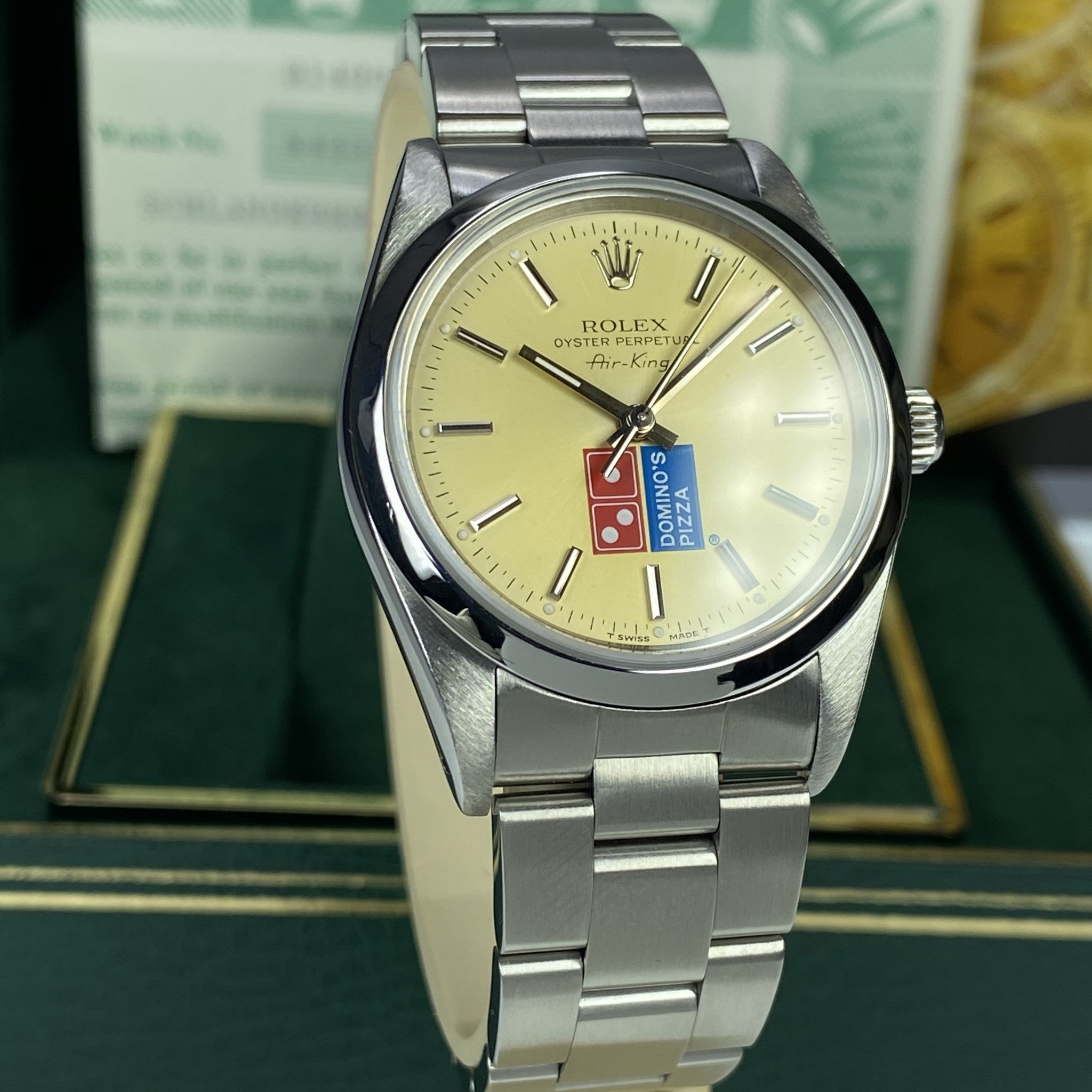 1991 Vintage Rolex Air-King 14000 Domino’s Pizza unique Patina Dial With Box & Papers