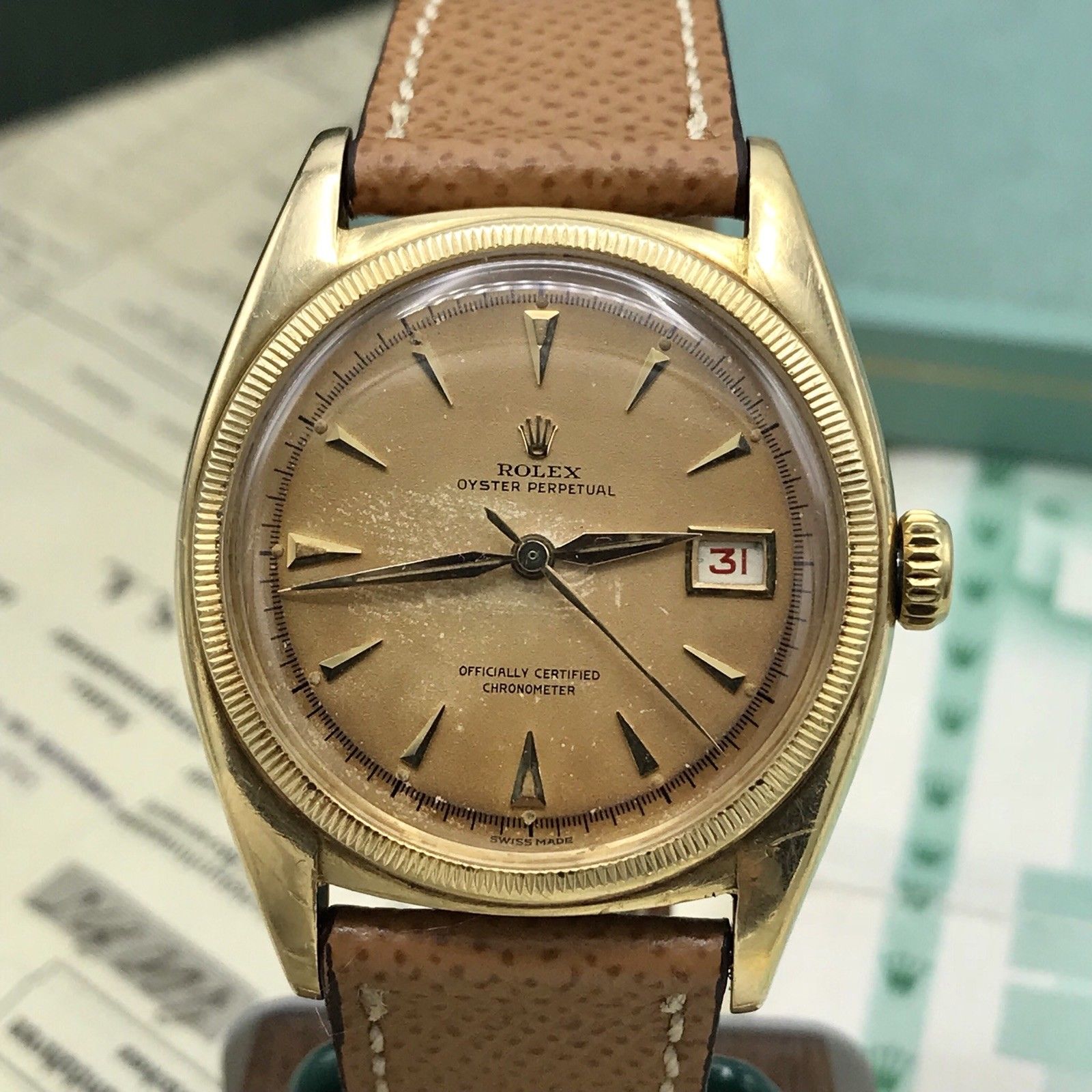 Vintage Rolex 6105 pre Date Just Tropical OVETTONE Box Papers full set 1951 18k
