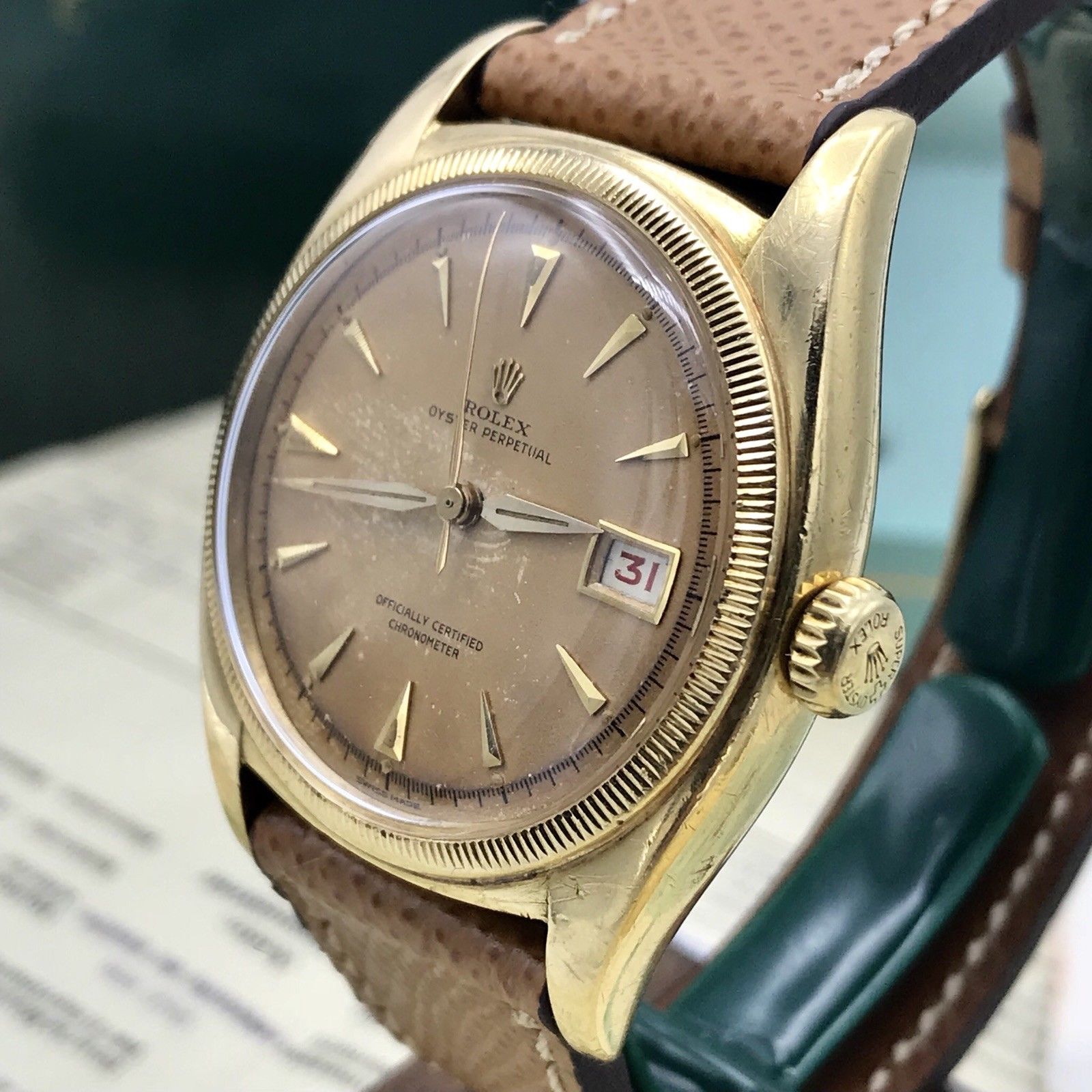 Vintage Rolex 6105 pre Date Just Tropical OVETTONE Box Papers full set 1951 18k