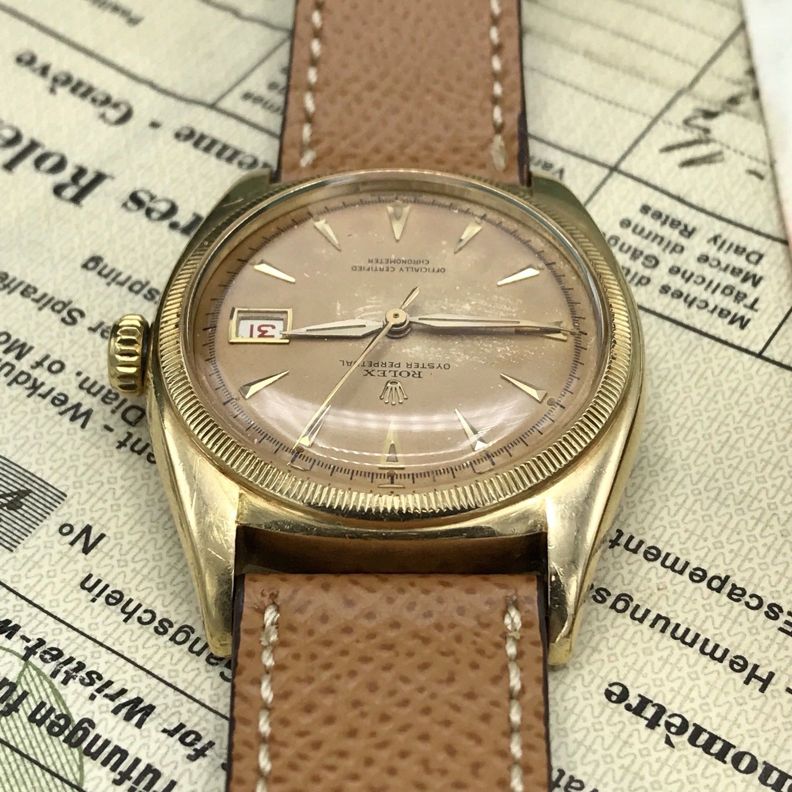 Vintage Rolex 6105 pre Date Just Tropical OVETTONE Box Papers full set 1951 18k