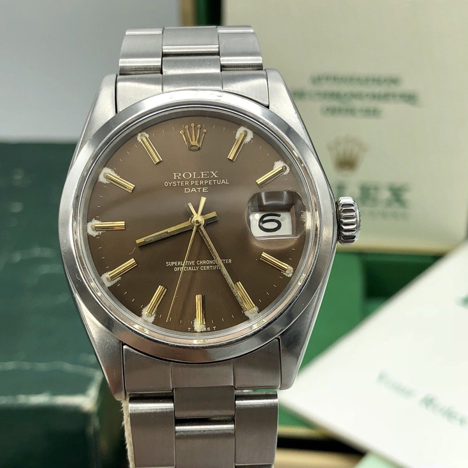 1970 Vintage Rolex Date 1500 Brown Tropical Dial Box and Papers