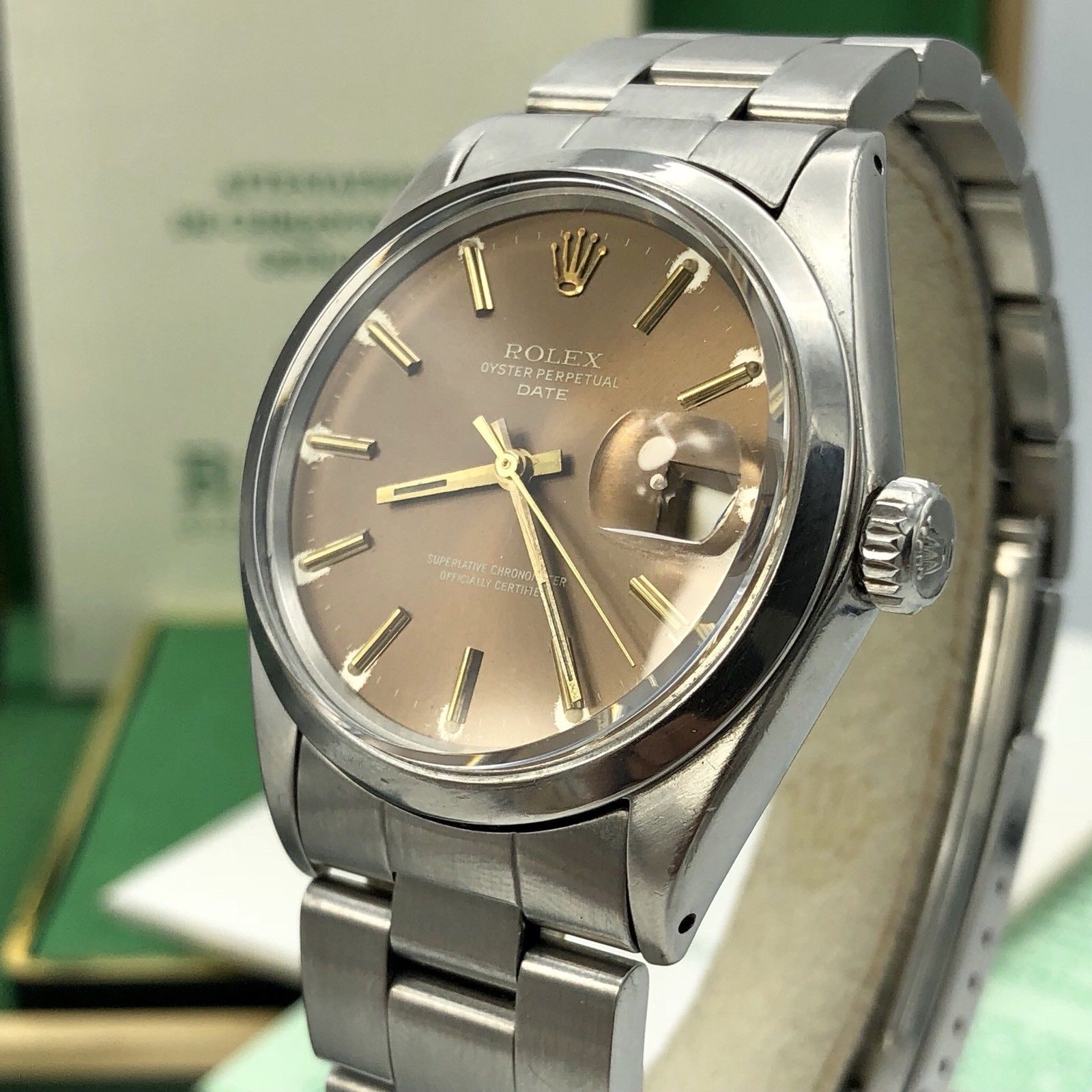 1970 Vintage Rolex Date 1500 Brown Tropical Dial Box and Papers