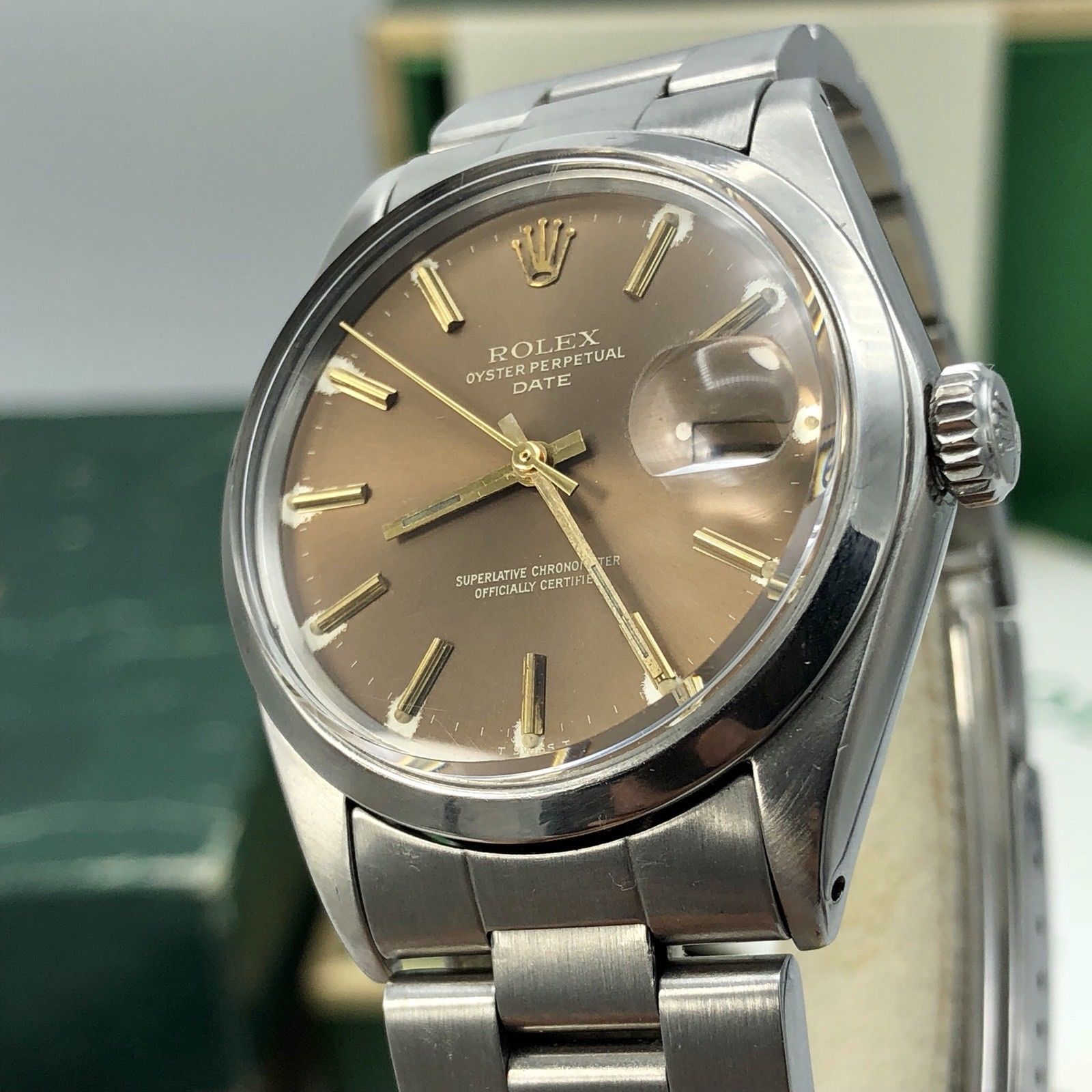 1970 Vintage Rolex Date 1500 Brown Tropical Dial Box and Papers
