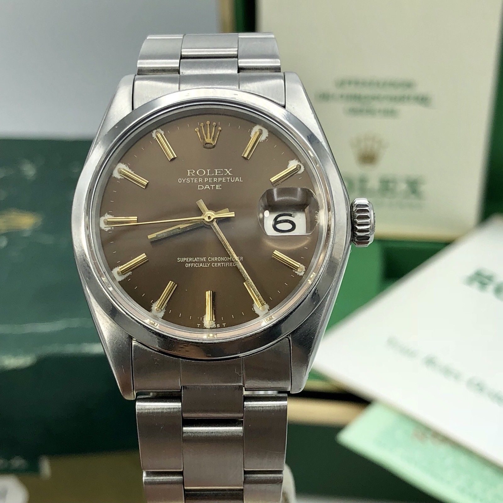 1970 Vintage Rolex Date 1500 Brown Tropical Dial Box and Papers